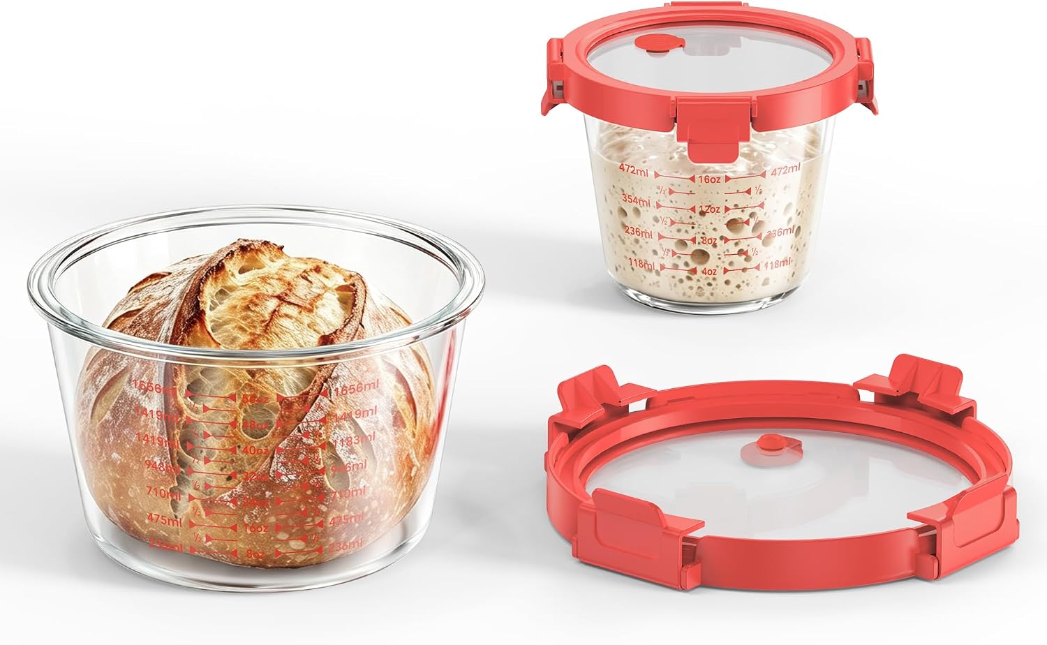Detalle de GENICOOK 24 oz & 71 oz Red Sourdough Jar Set, Borosilicate Glass