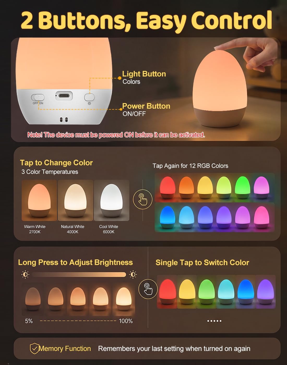 Thumbnail 1 de Egg Light Baby Night Light: 2600mAh Rechargeable Bedside Lamp with 3 Colour Temperatures and 12 RGB Colours