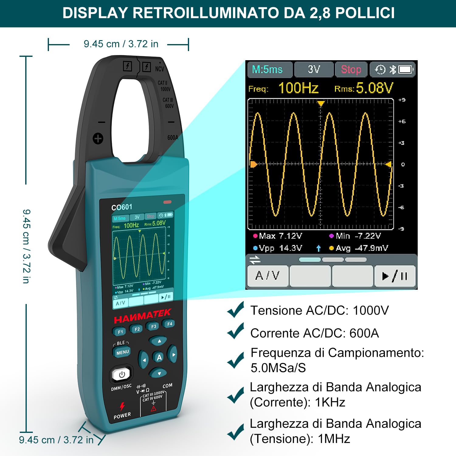 Detalle de HANMATEK CO601: Multimetro con Oscilloscopio 2 in 1, Pinza Amperometrica Professionale