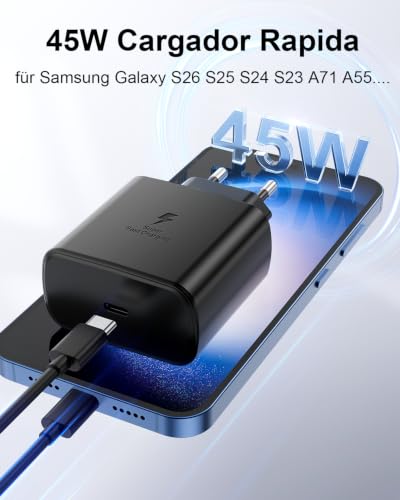 Detalle 2 de LumFocus 45W: Cargador rápido USB-C con cable de 2 m para Samsung Galaxy y más