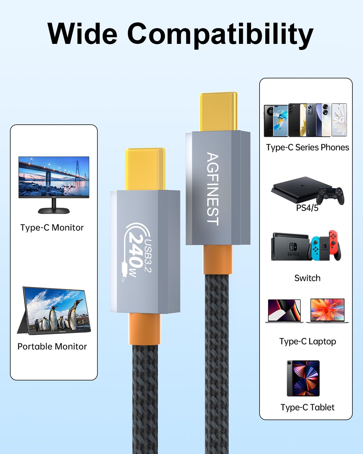 Thumbnail 5 de AGFINEST 240W USB-C to USB-C cable (USB 3.2 Gen 2x2, 20Gbps, 4K@60Hz, 2m)