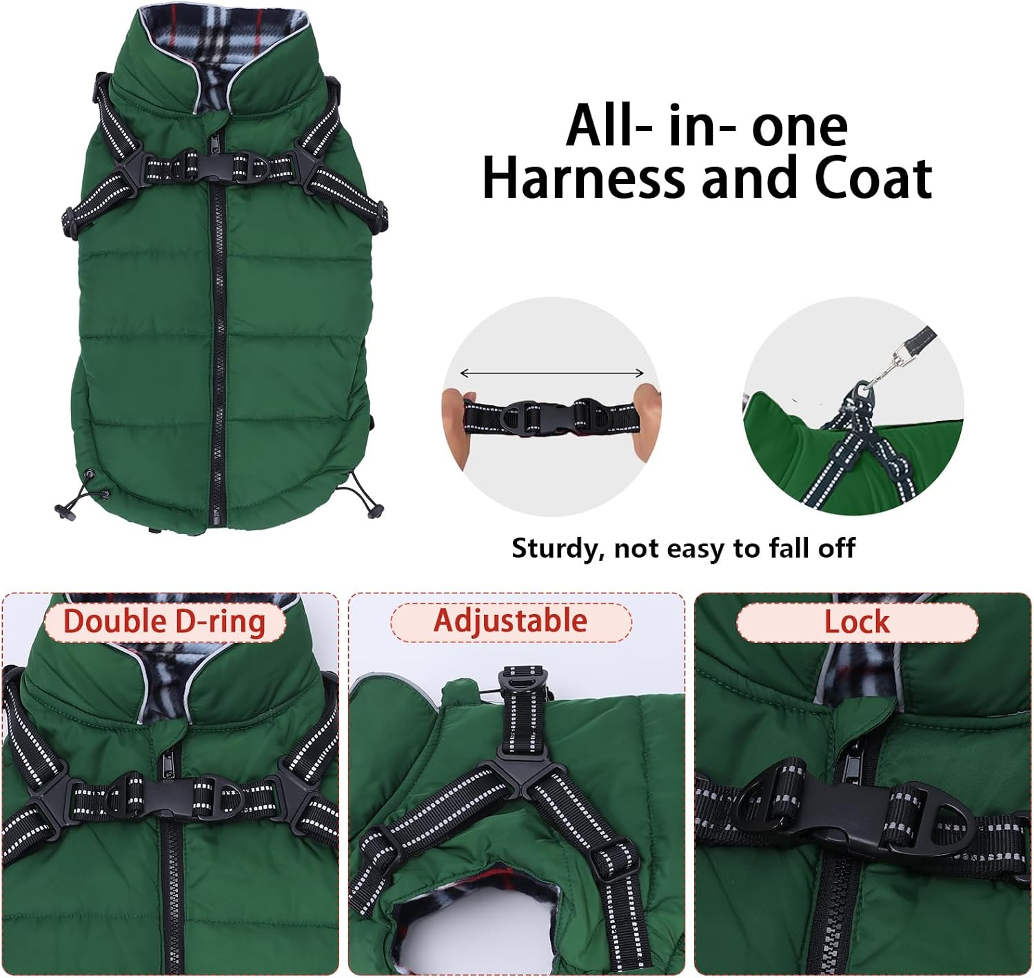 Thumbnail 2 de babepet Warm Pet Dog Coats with Harness – Waterproof Green Small Dog Jacket Coat (with Chest Strap, Zip Up) – XL