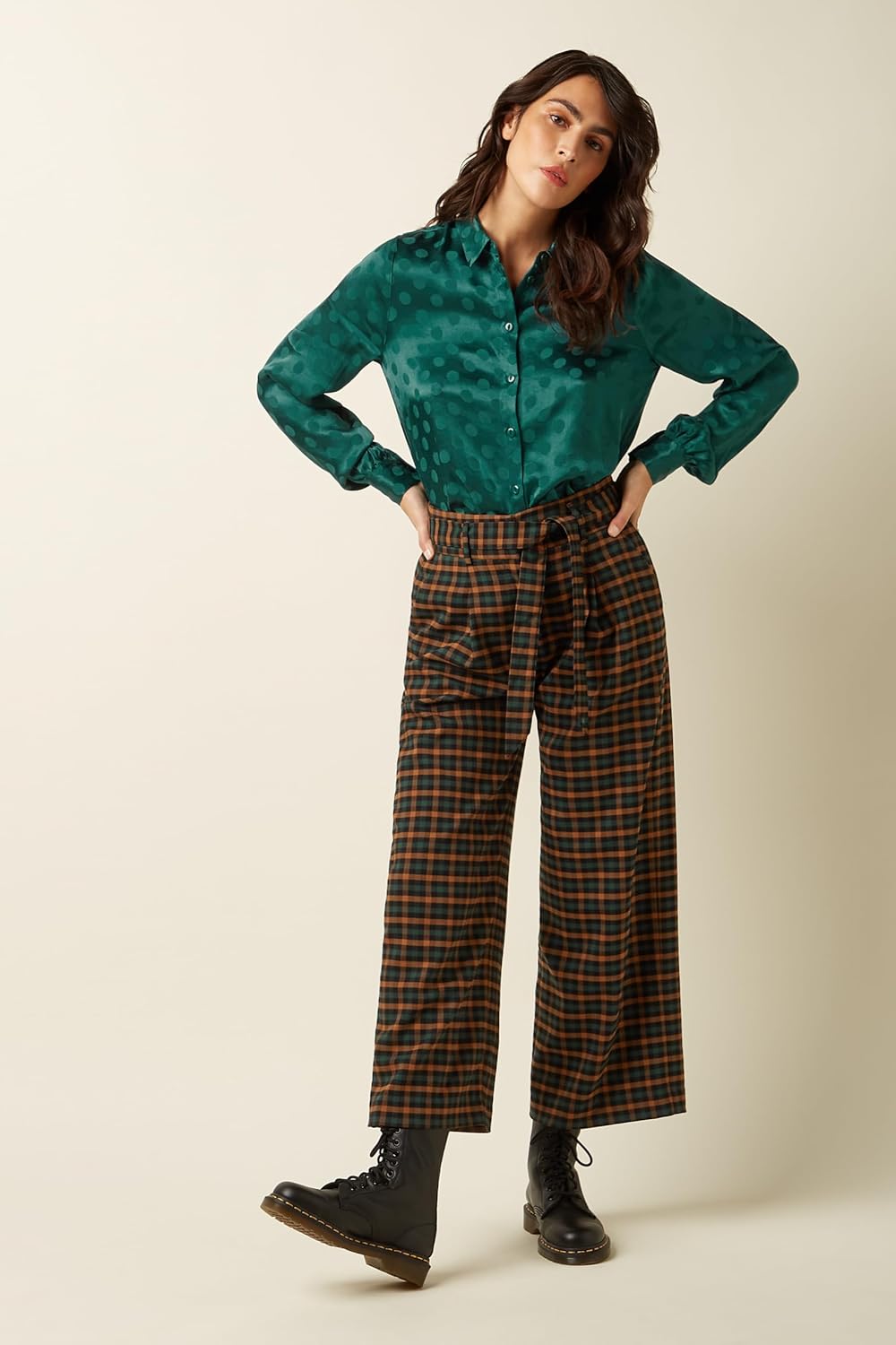 Detalle de King Louie Damen Hose AVA Pants Brook Check – Karomuster, Wide-Leg mit Bindegürtel