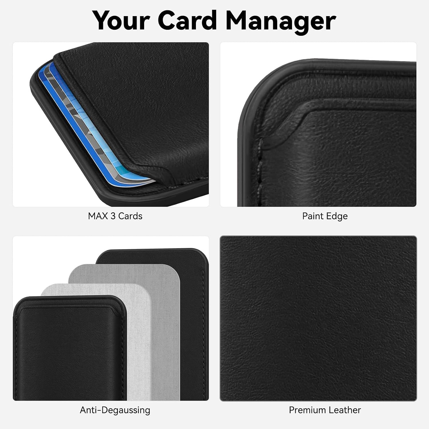 Detalle de KRTALS Stronger Magnetic RFID Leather Mag-Safe Card Holder for iPhone 16/17 Series (Black)