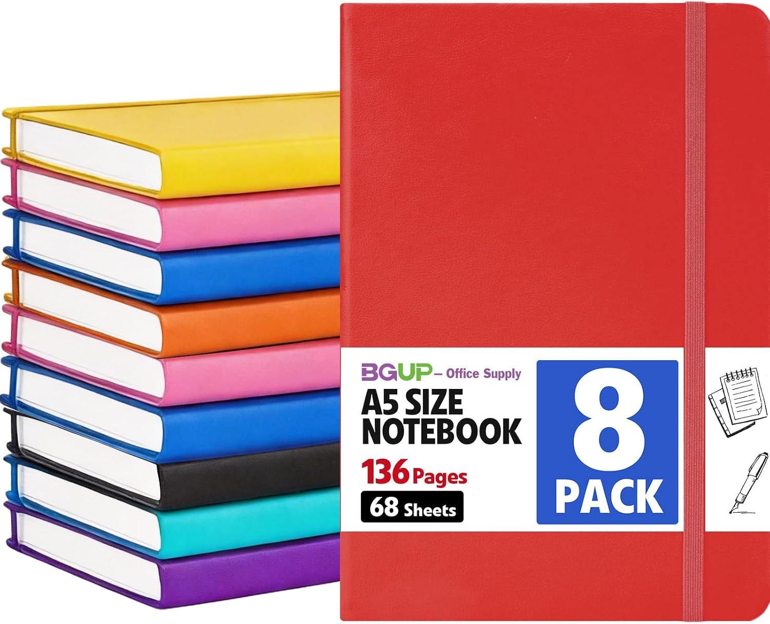 Detalle de BGUP 8-Pack A5 Lined Hardcover Notebooks, 136 Pages, 8 Colors