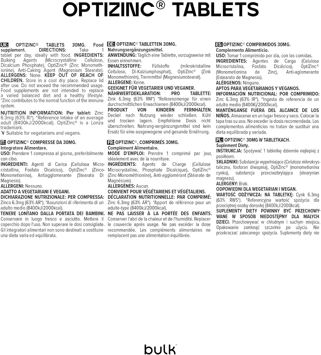 Detalle 1 de Bulk ComprimĂ©s OptiZinc Pure 30 mg đ