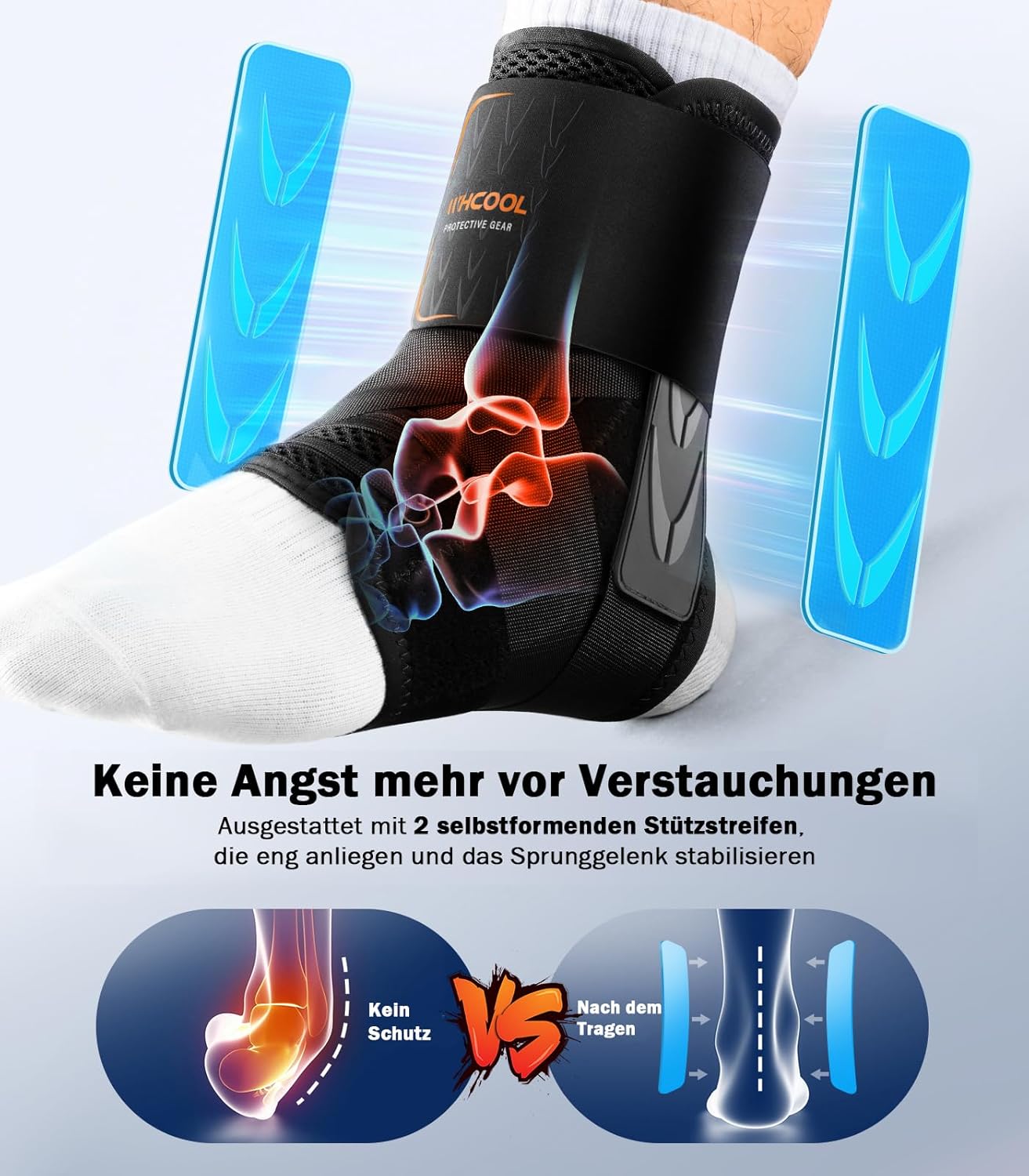 Detalle de WHCOOL Knöchelbandage für verstauchte Knöchel, Klettverschluss, atmungsaktiv, 2 Stützpads, 360° Stabilität