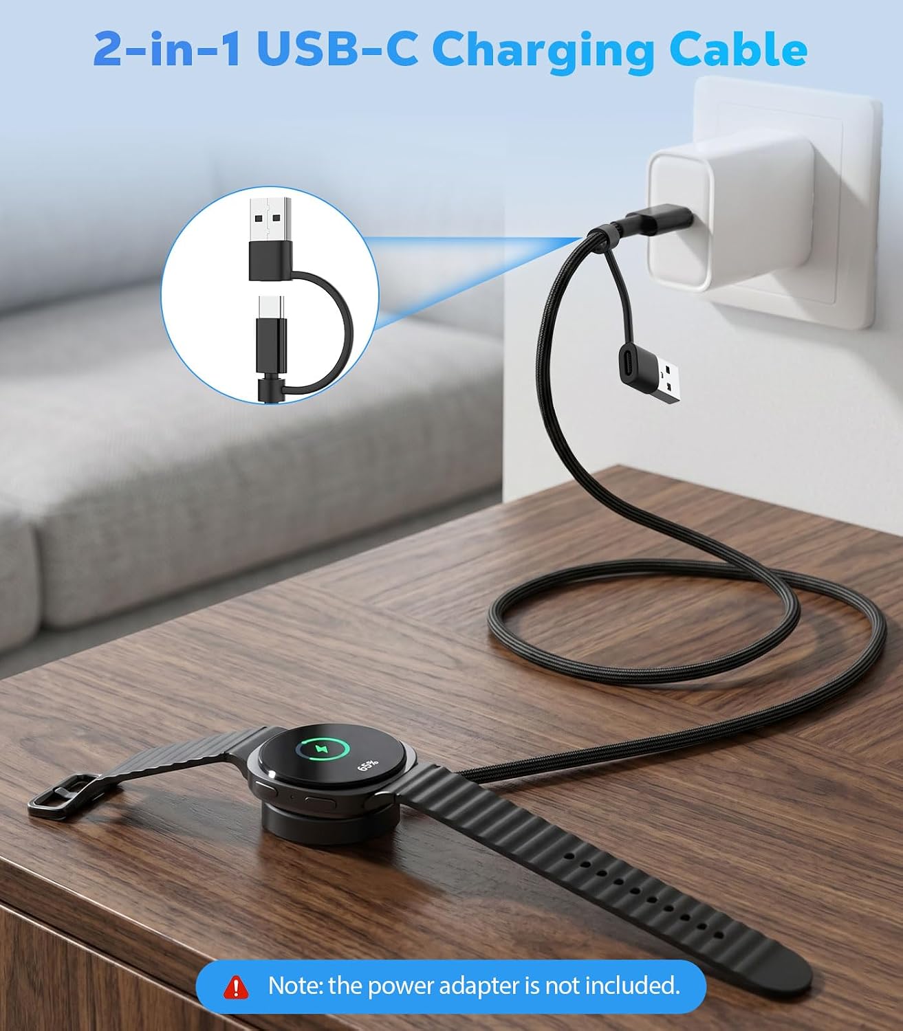 Detalle de MoKo 2-in-1 Galaxy Watch Charger (2-Pack) with 3.3ft Nylon Cable and USB-C/USB-A Adapter