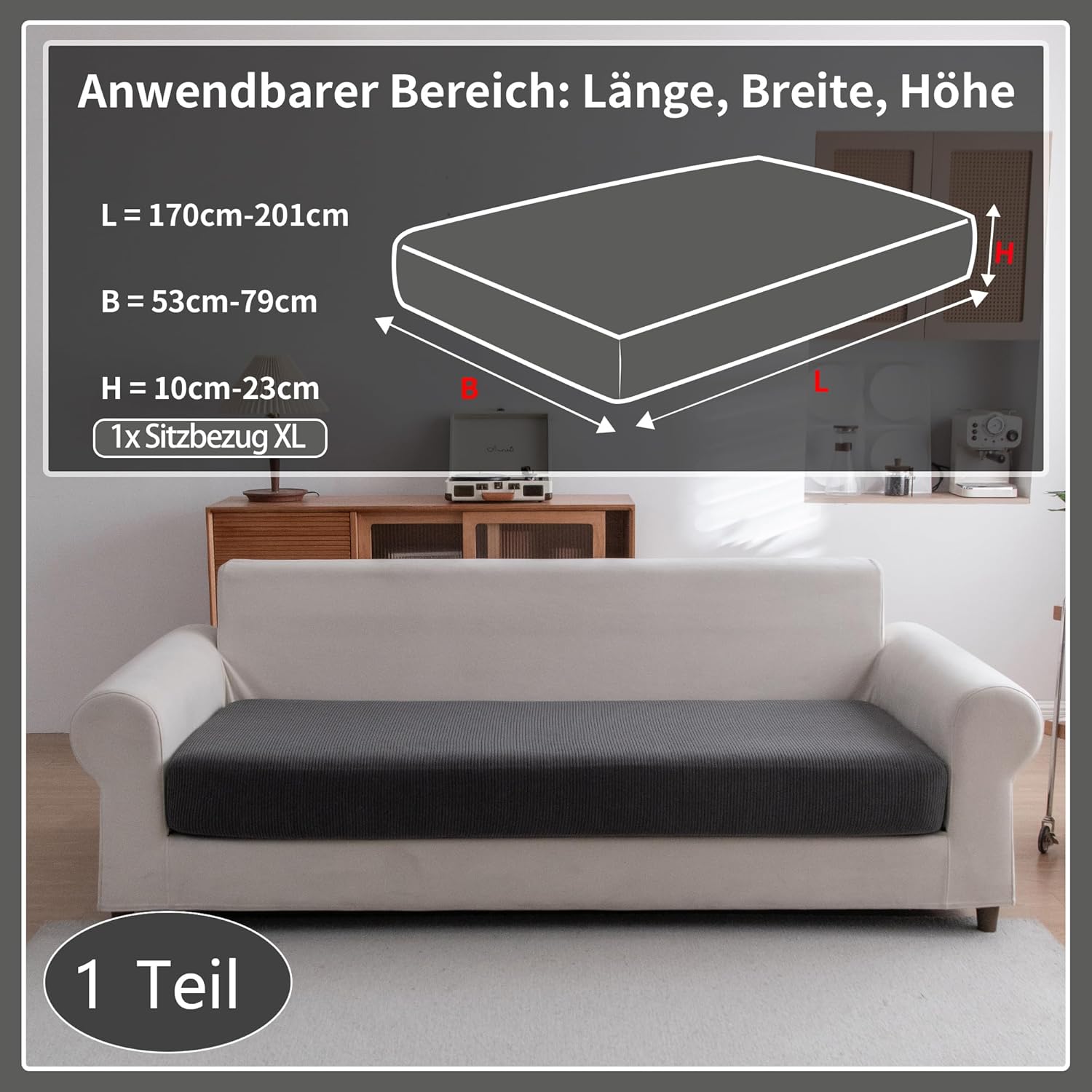 Detalle de OHSIO Stretch Sofa Sitzkissenbezug – rutschfester, waschbarer Überzug (dunkelgrau, 1× Sitzbezug XL)