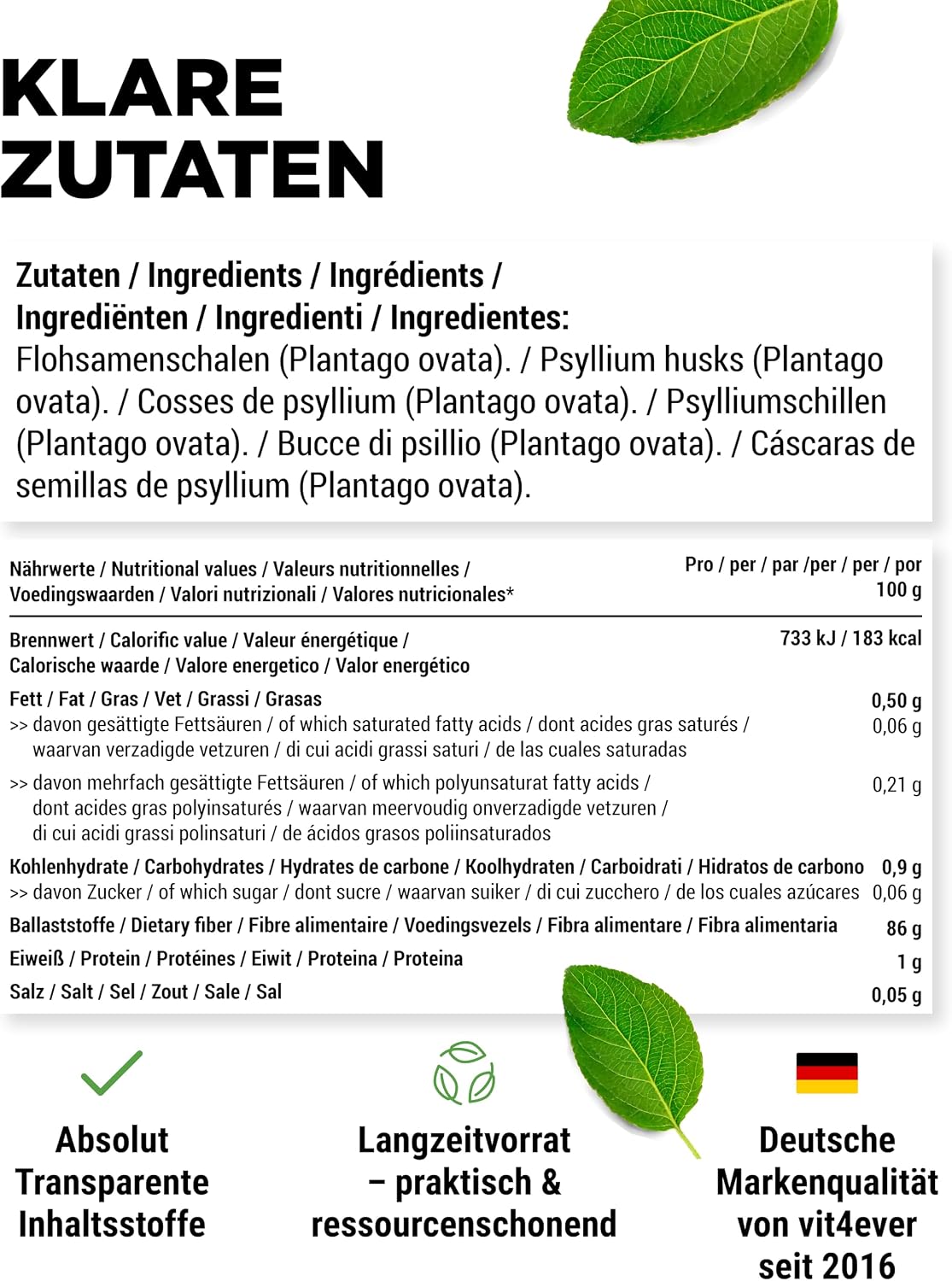 Detalle de vit4ever Flohsamenschalen 99% Reinheit (1.000 g) – vegane Psyllium-Husks ohne Zusätze