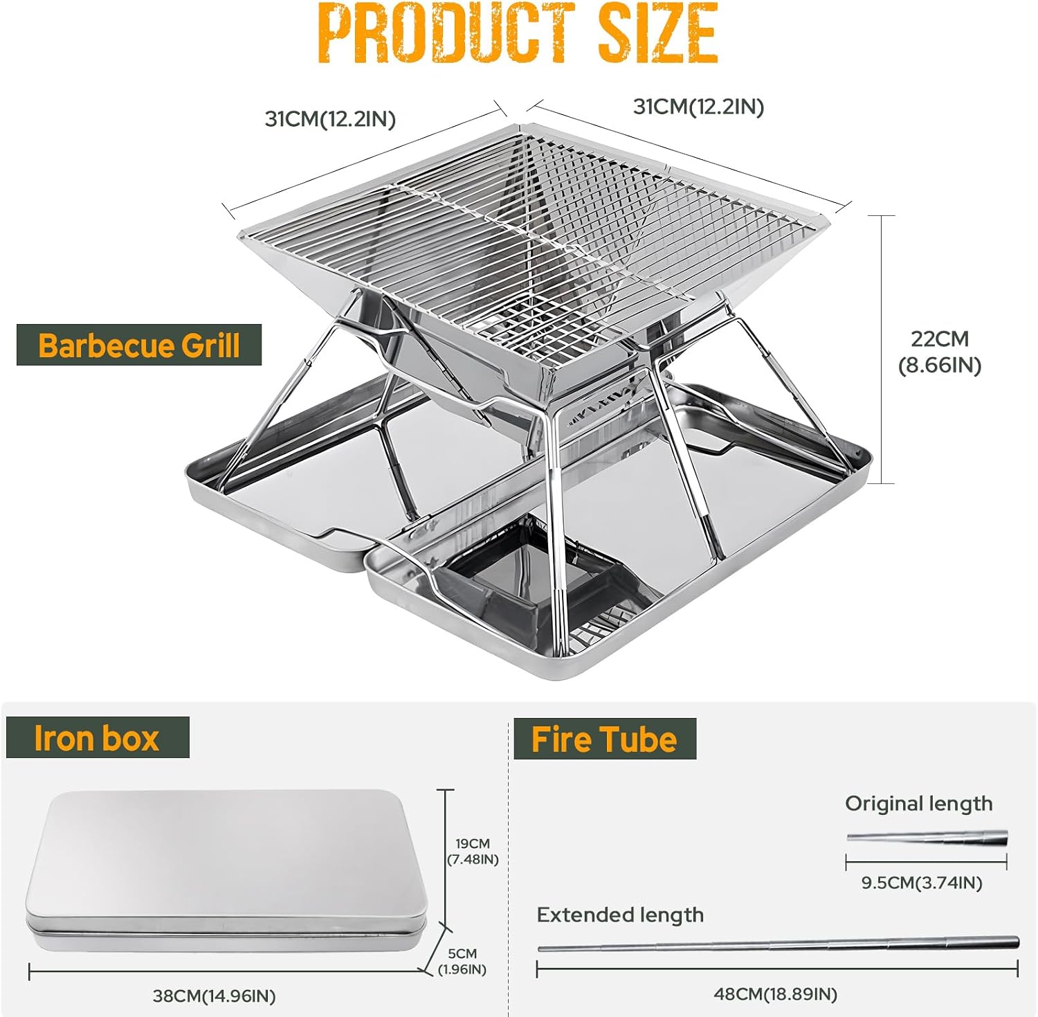 Detalle de Hanviter Portable Fire Pit for Camping – Collapsible stainless steel grill with carry box for BBQs, picnics and bonfires