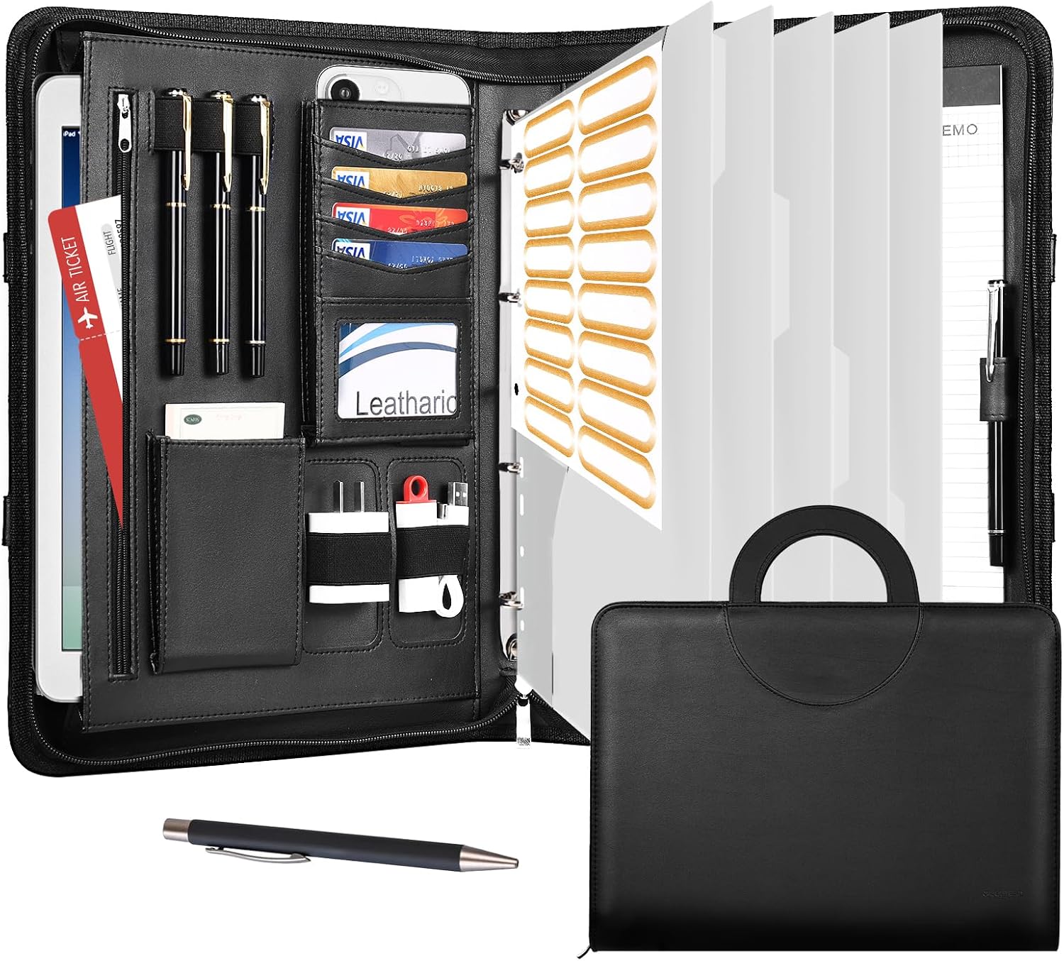 Leathario Schreibmappe A4 mit 5er Register – Konferenzmappe mit 4 Ringbuch und Klemmbrett