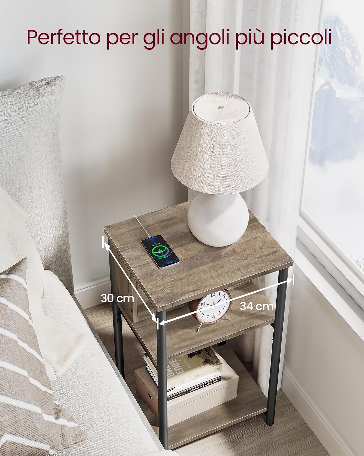 Detalle de VASAGLE Tavolino con Multipresa LET375K01: comodino con prese AC e USB per soggiorno e camera da letto