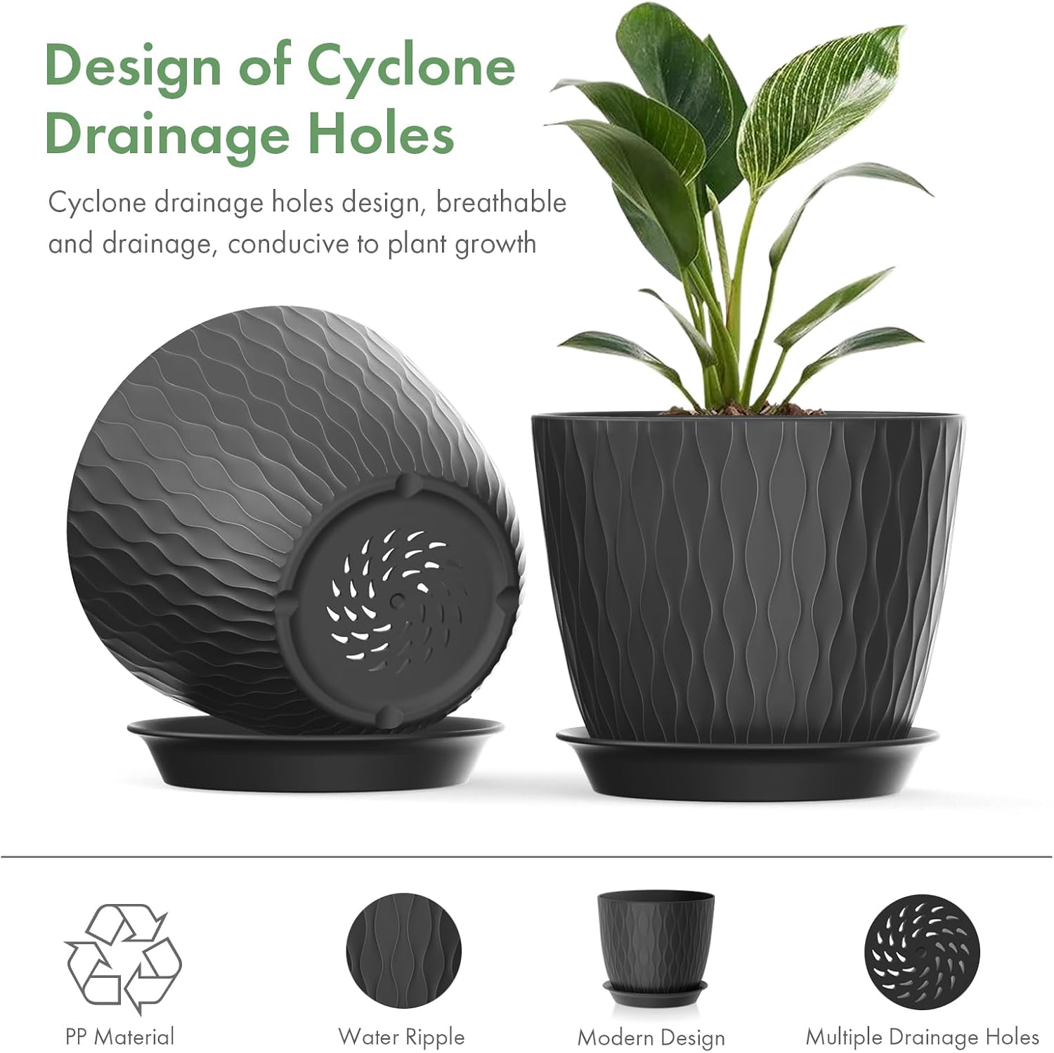Thumbnail 1 de 17cm Indoor Plant Pots (5-Pack) – Plastic Planters with Drainage Holes and Saucer, Black with Decorative Stripe Grooves