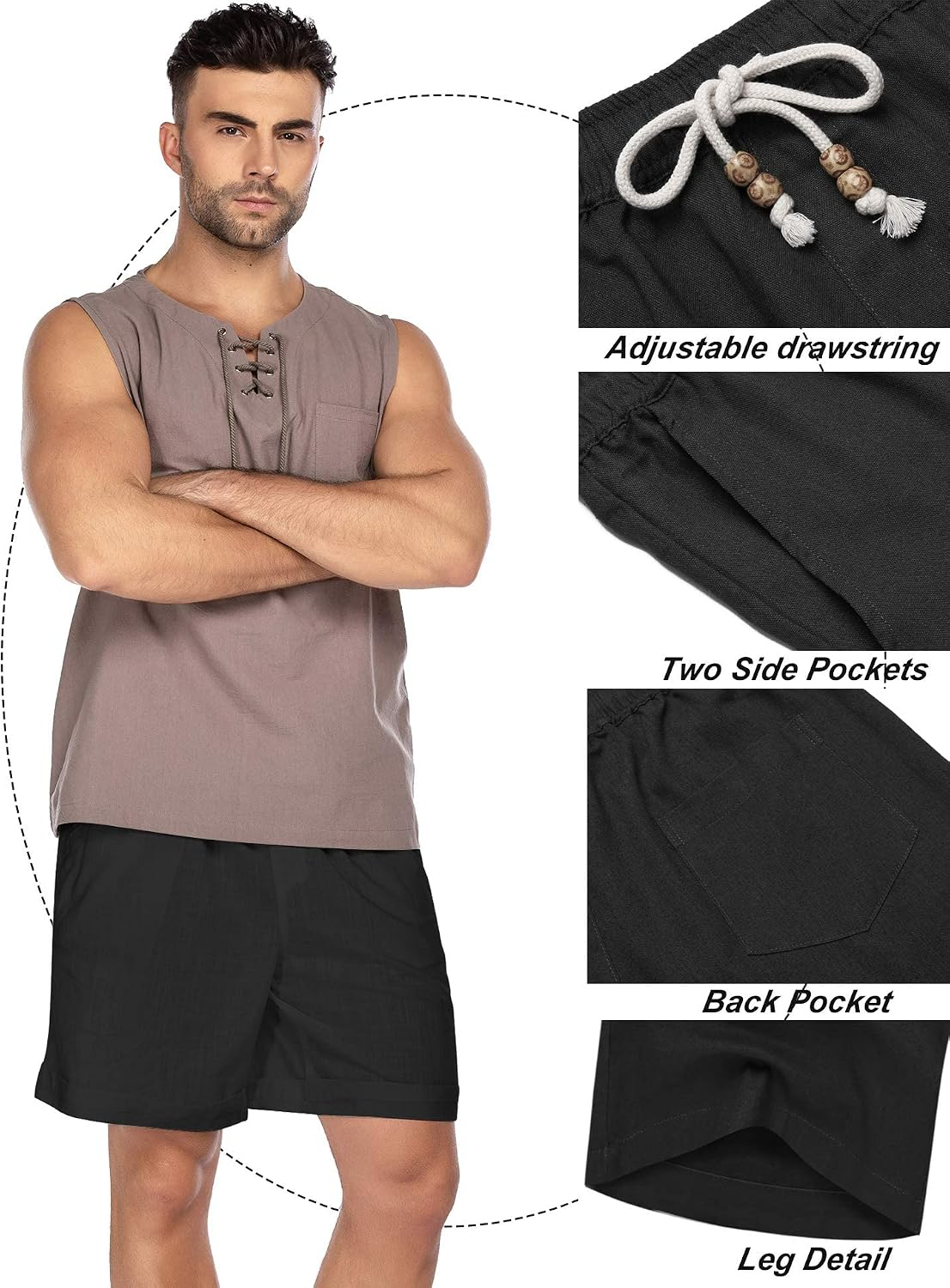 Detalle de COOFANDY Men's Linen Shorts Casual 9"/7" Elastic Waist Drawstring Summer Beach Shorts
