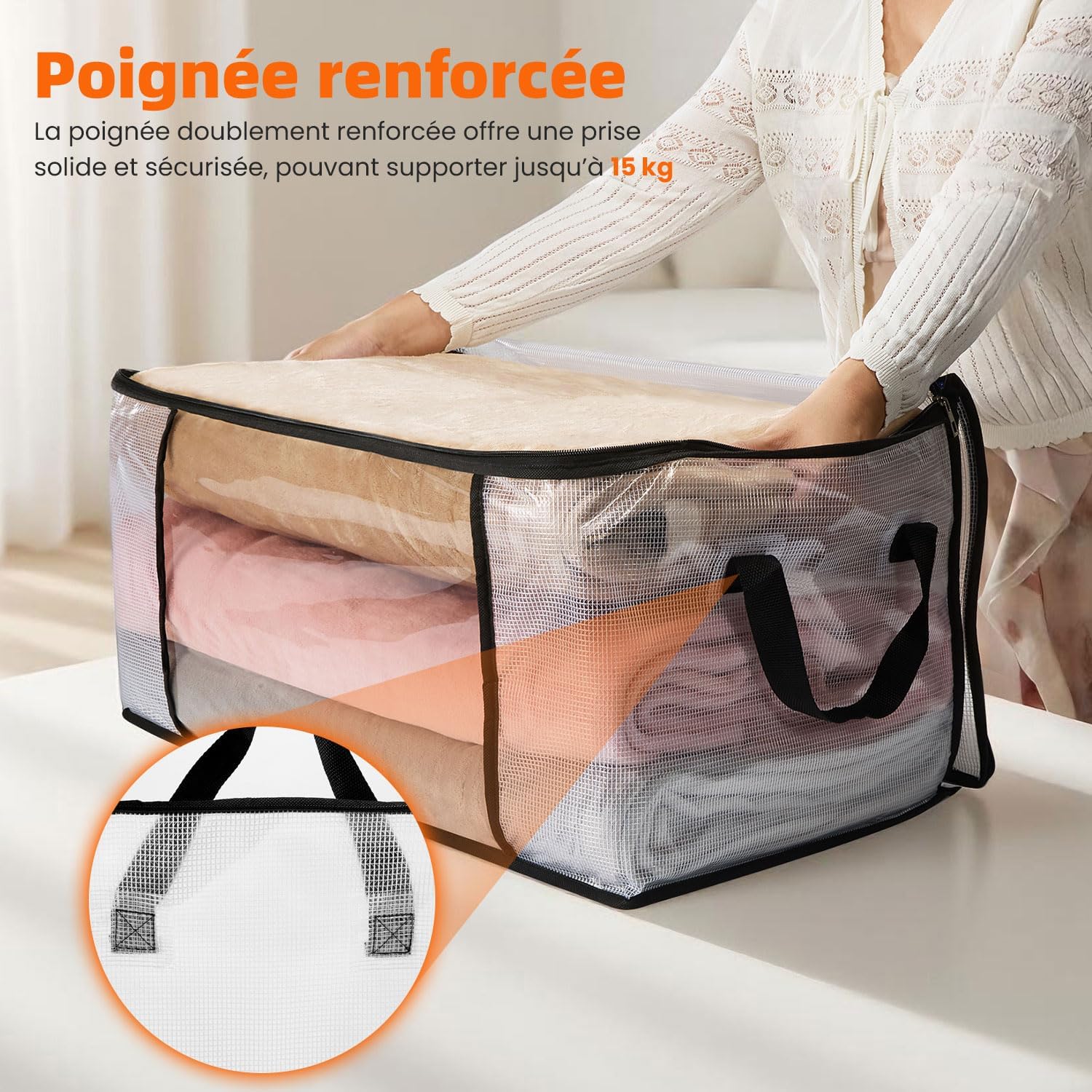 Detalle de NEWSONA Lot de 3 Sacs de Rangement Vetement Transparente 60L – Organisateur Pliable avec Fermeture Éclair et Poignées
