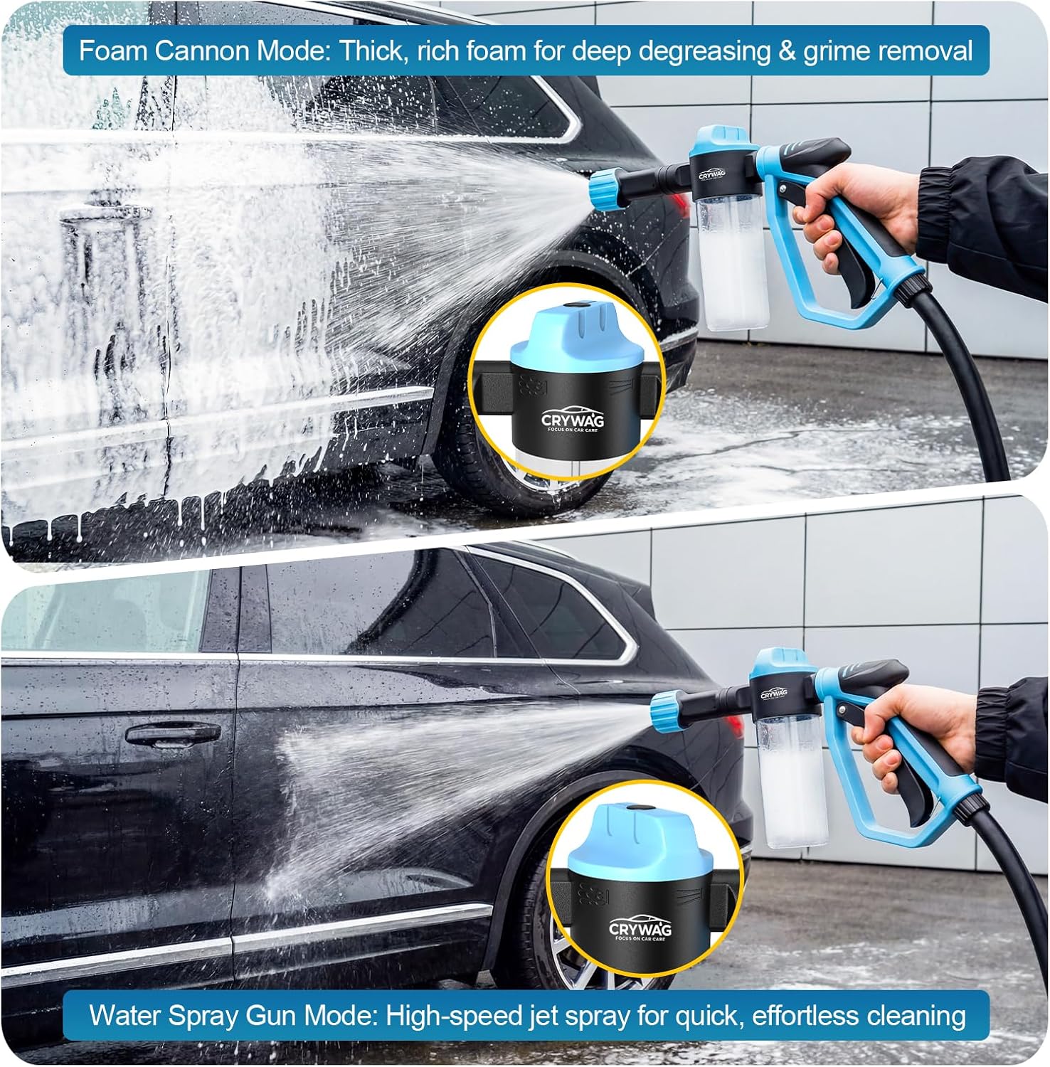 Detalle de Crywag Car Wash Foam Gun for Garden Hose: Thick Foam, Safe Scrub & 3 Spray Modes