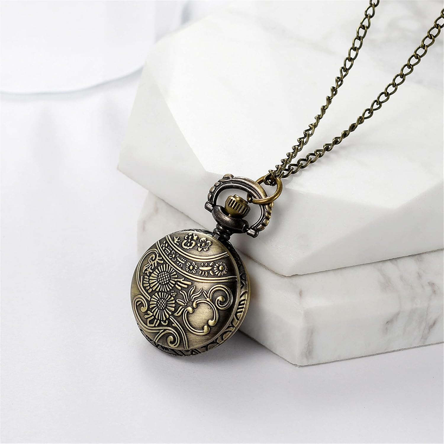 Detalle de JewelryWe Taschenuhr Herren als Kettenuhr „Retro Royal Flush/Kompass/Blumen/Glocke/Motorrad“ mit Halskette