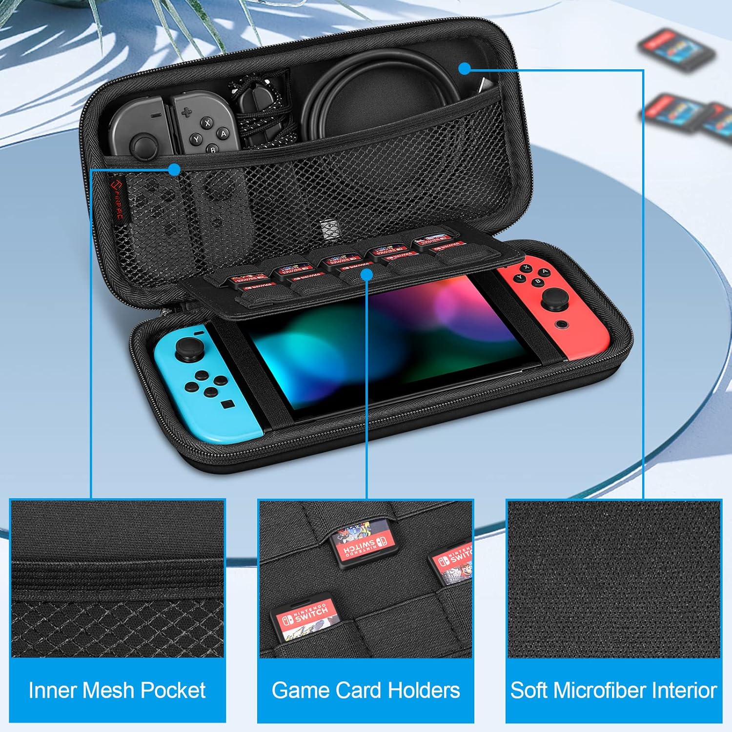 Detalle de FINTIE Tasche für Nintendo Switch 2017 und Switch OLED 2021 – EVA-Hülle mit 10 Kartenhaltern und Tragegurt