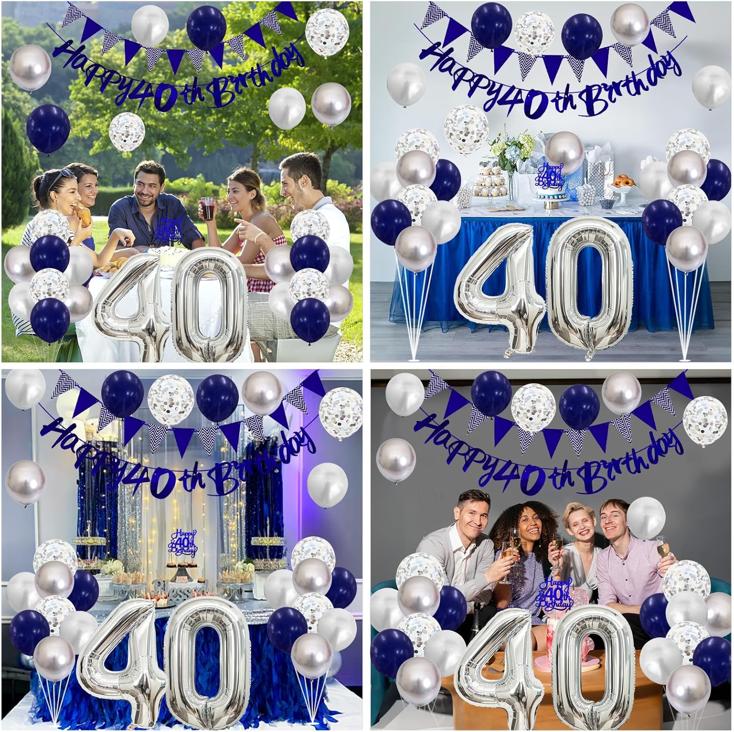 Detalle de Blue & Silver 40th Birthday Decorations Set — Balloons, Banner, and Cake Topper for Men and Women