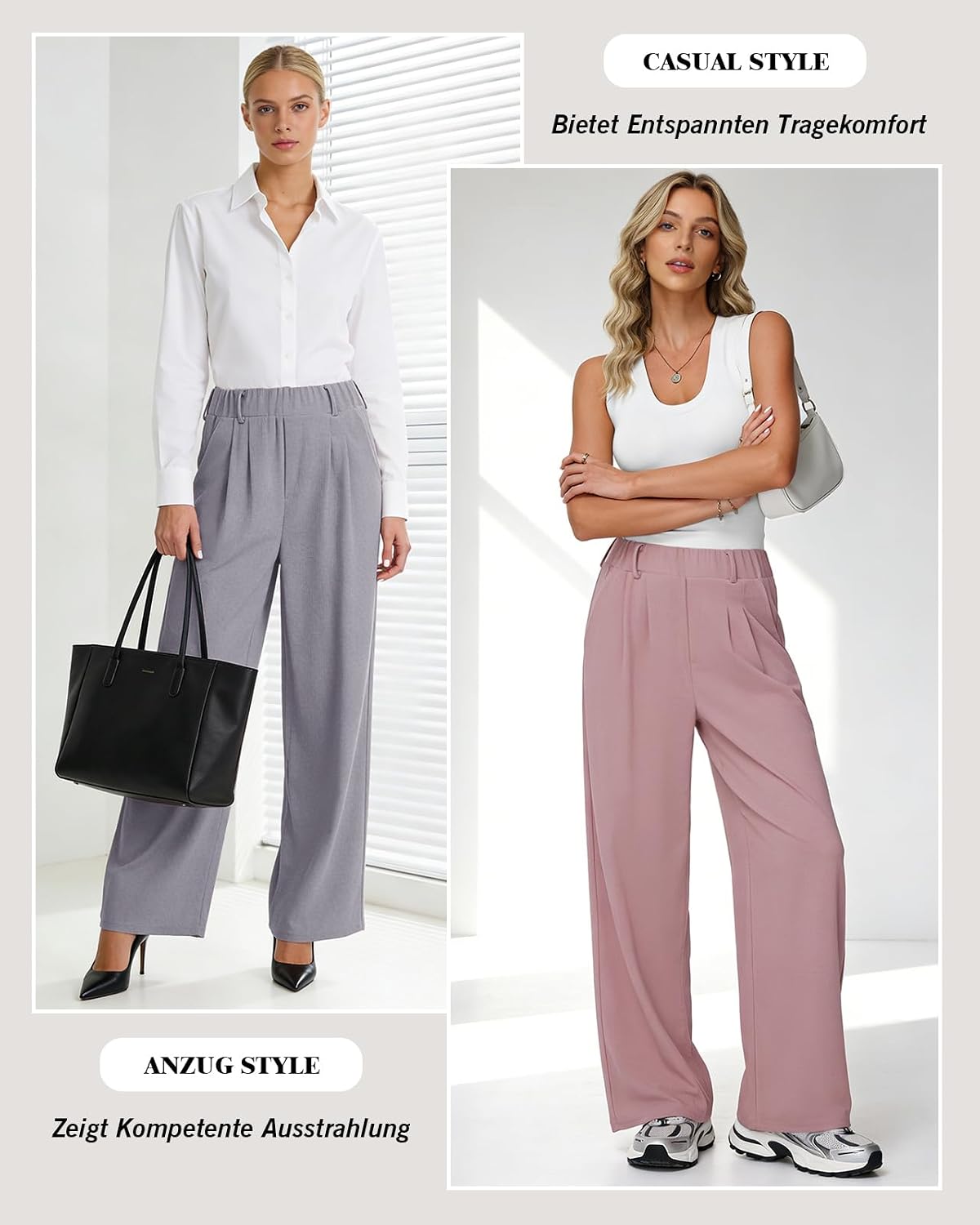 Detalle 1 de HMIYA Weite Stoffhose für Damen – bügel-frei, locker Palazzo, hohe Taille, mit Tasche