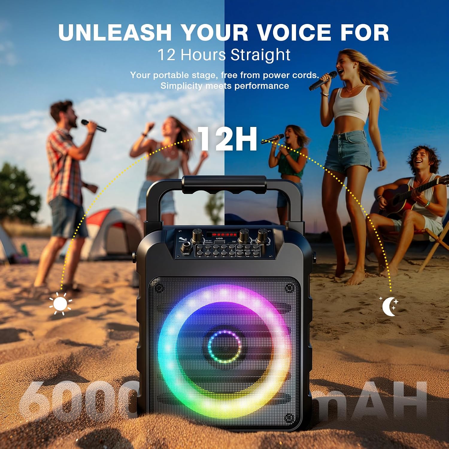 Detalle 2 de Dislocati Karaoke con Microfono: Kit Professionale Portatile Bluetooth 20W con 2 Microfoni UHF e LED