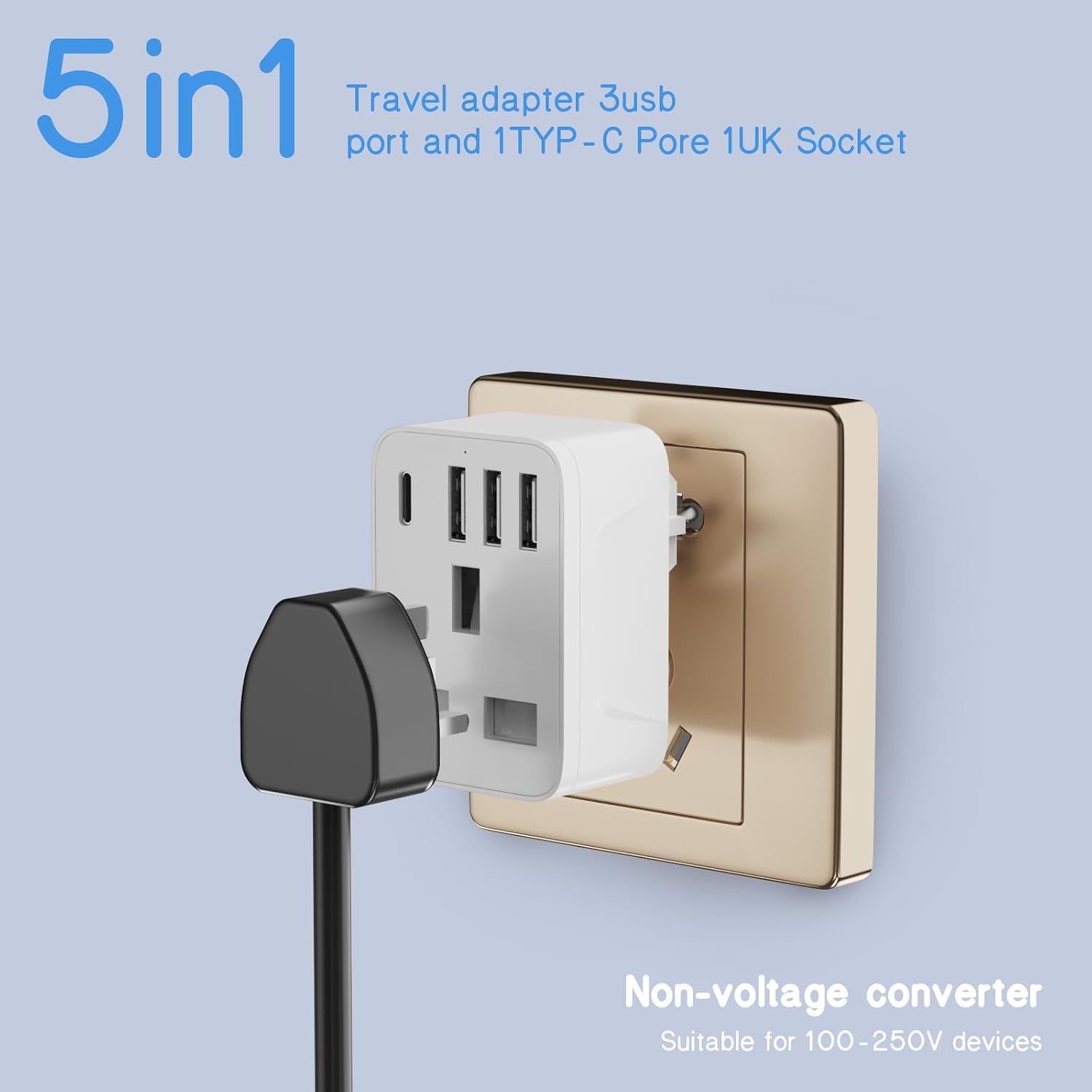 Thumbnail 6 de Herfair UK to European Travel Plug Adaptor (Schuko Type E/F) with 3x USB-A and 1x USB-C