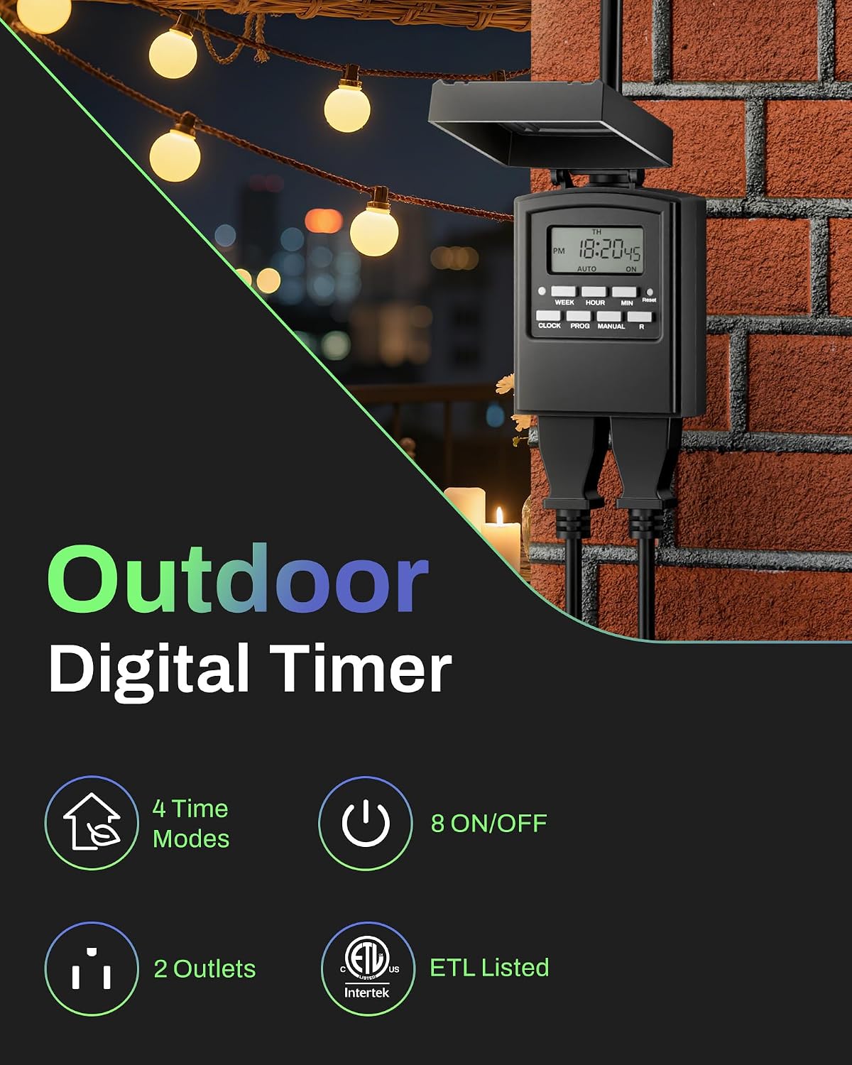 Detalle 2 de BN-LINK Outdoor 7-Day Timer Outlet, 2-Pack, Dual Outlets, 8 Programs