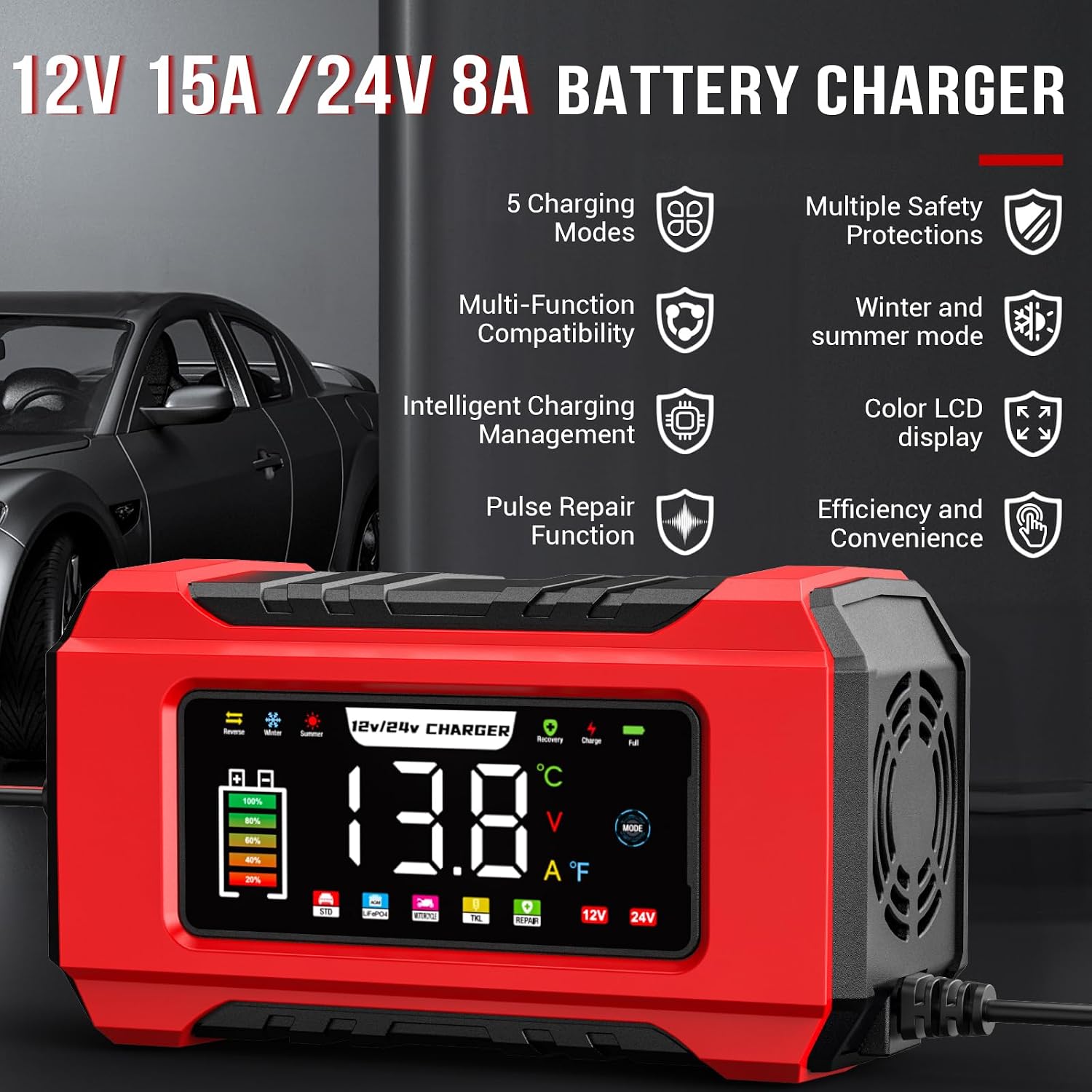 Thumbnail 1 de 15A Car Battery Charger, 12V/24V Smart Fully Automatic with Temperature Compensation