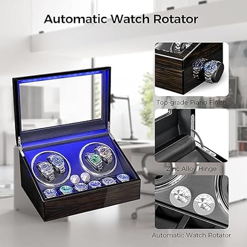 Detalle de ANWBROAD Caja Relojes Automáticos 4 Rotadores 6 Compartimentos con Luz LED