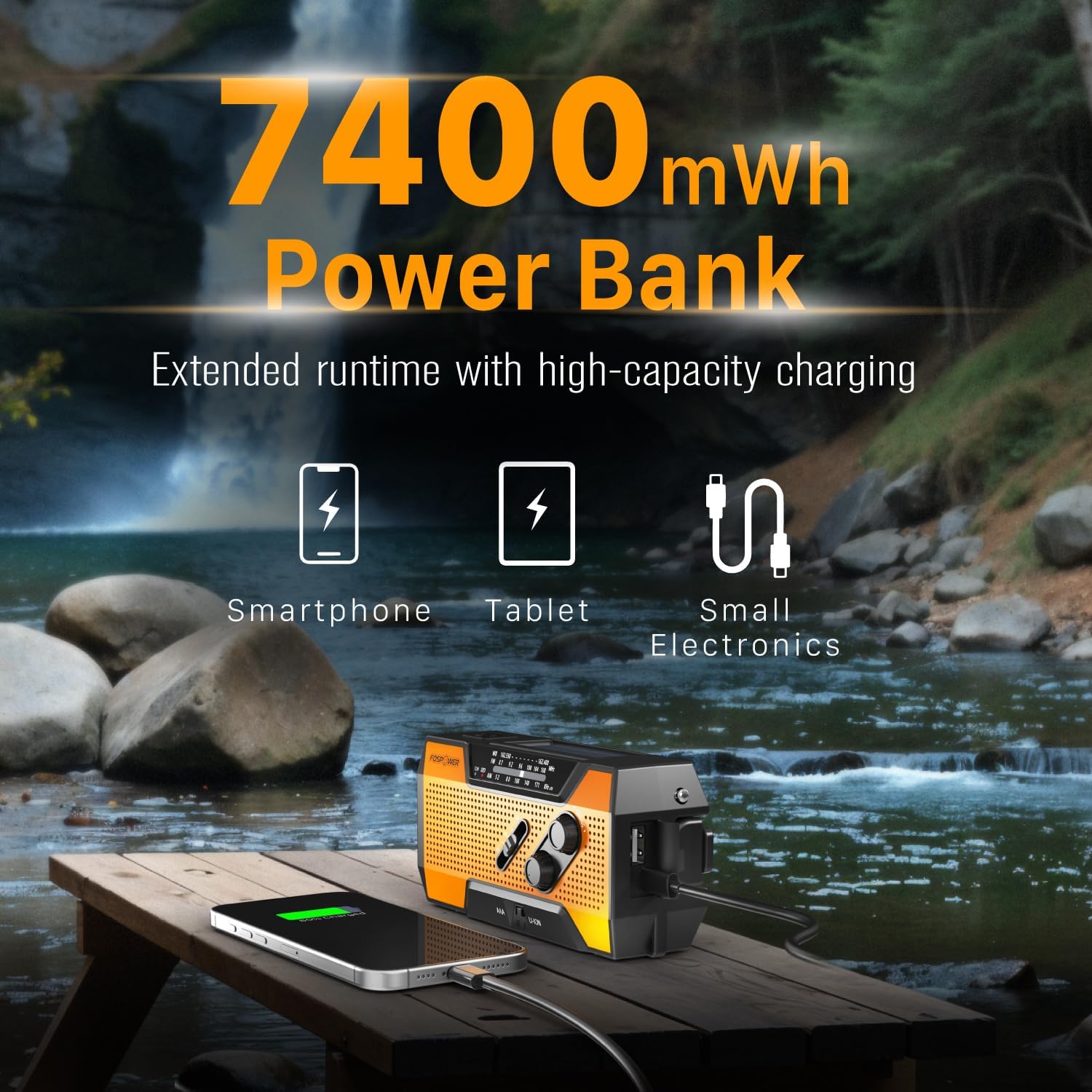 Detalle de FosPower NOAA Emergency Weather Radio A1: 7400mWh Portable Power Bank with AM/FM, Solar, Hand Crank, SOS Alarm and Flashlight (Orange)