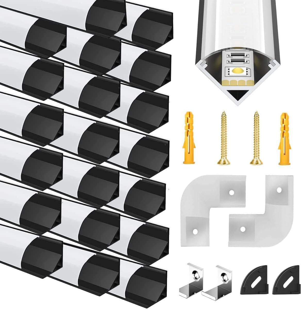 Detalle de Chesbung 20 x 1 m Schwarz – V-förmiges LED Aluminium Profil mit milchiger Abdeckung für 12 mm LED-Streifen