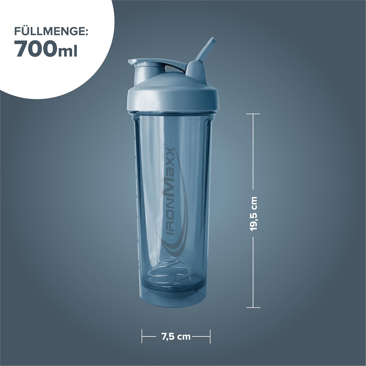 Detalle 2 de IronMaxx Premium Shaker – Kyanite Blue 700 ml: Auslaufsicher, BPA-frei, mit Siebkugel und Dosierungsskala