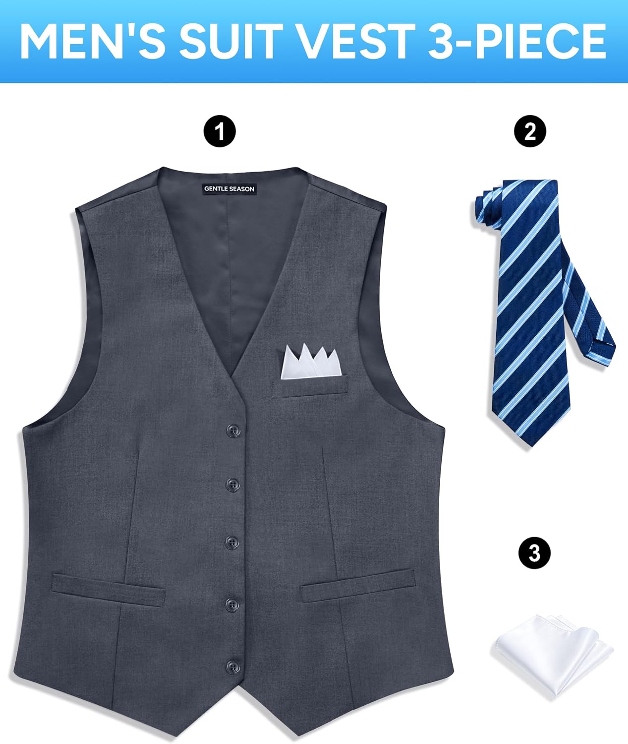 Detalle 2 de Gentle Season Mens Vest Suit Slim-Fit Suit Vest with Tie & Pocket Square