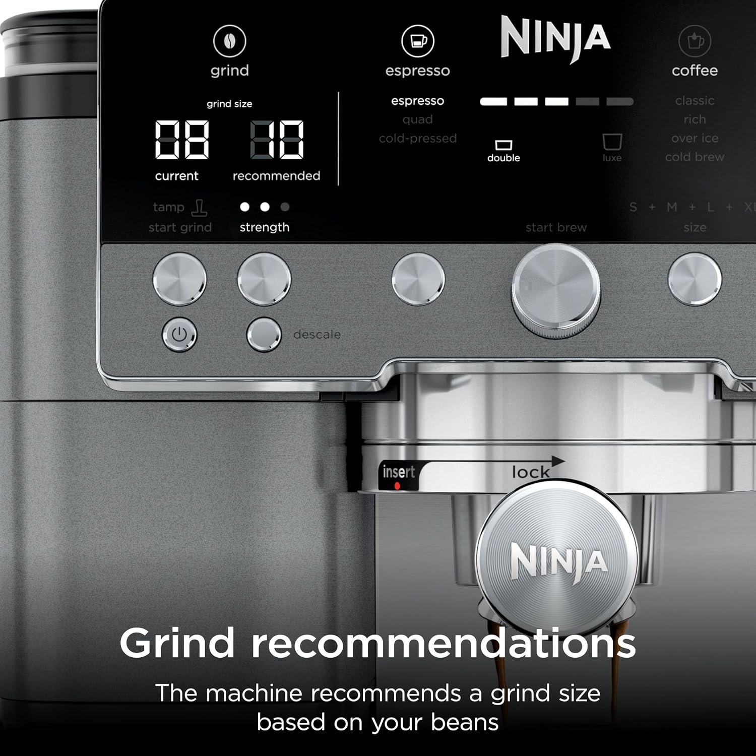 Detalle 1 de Ninja Luxe Premier 3-in-1 Coffee Machine (Gun Metal ES601UKGM) with built-in grinder and milk frother