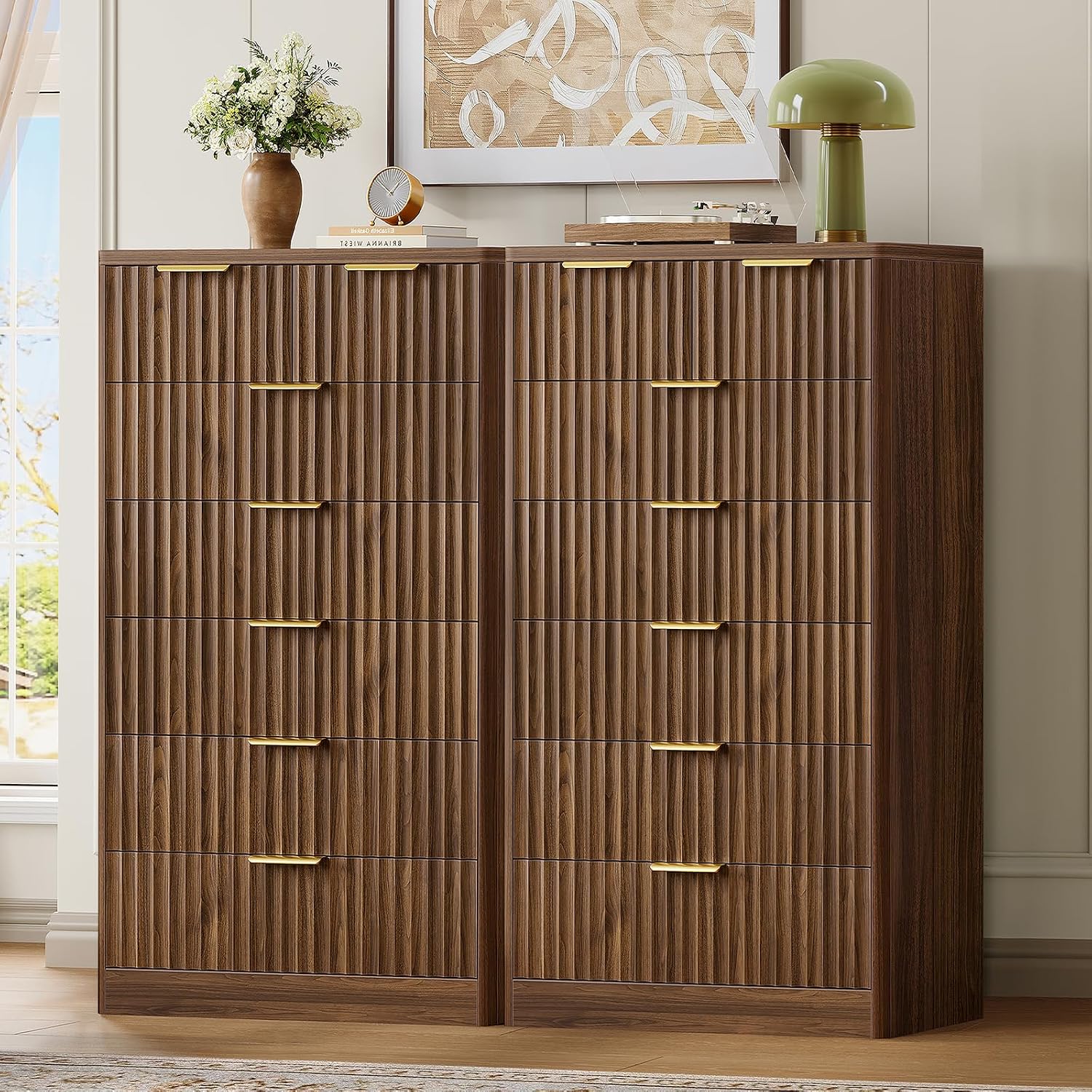 Detalle 2 de TEENFON dresser 7-Drawer Fluted Chest, Walnut, 48-Inch Tall