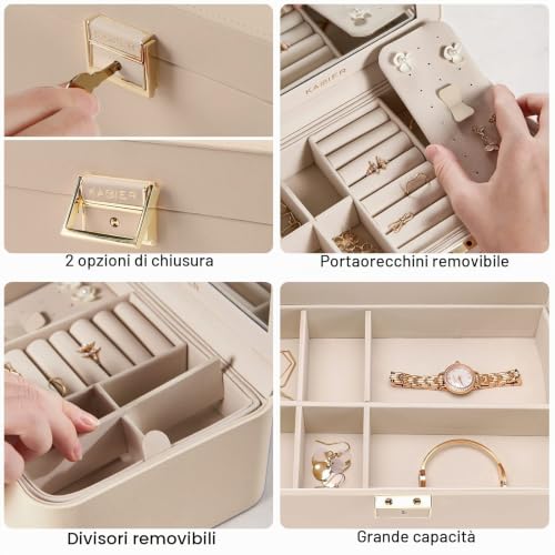 Thumbnail 4 de KAMIER portagioie a 2 livelli in pelle PU beige con specchio e serratura