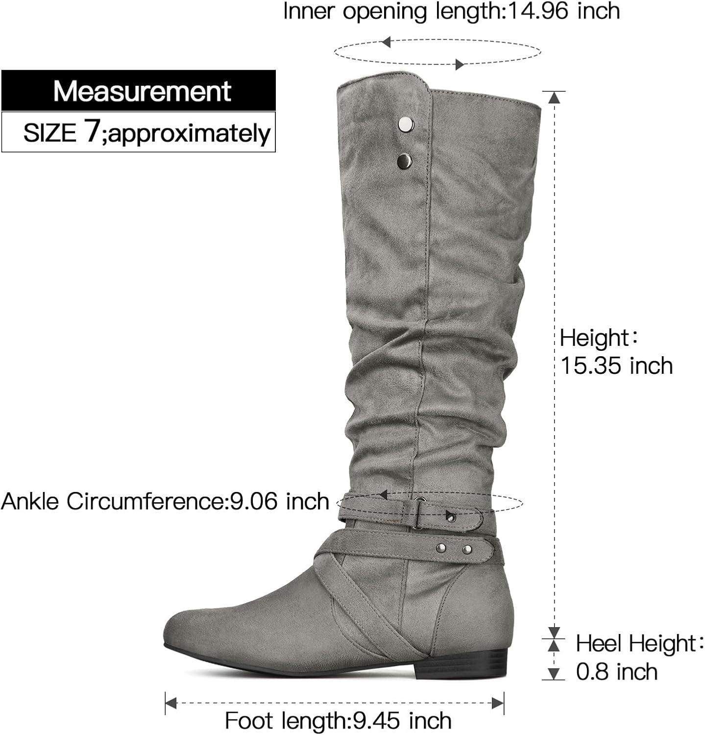 Detalle 1 de mysoft Women's Knee-High Slouchy Flat Boots with Suede, Side Zipper and Buckles