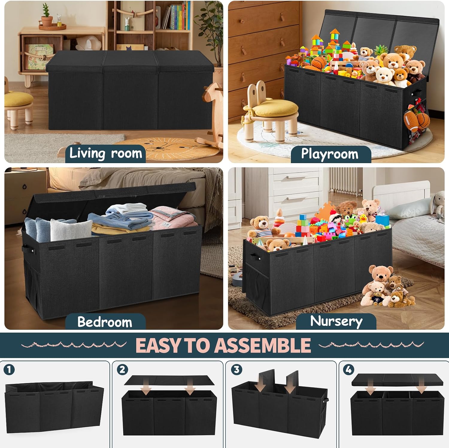 Detalle 2 de Rocamdo Extra Large Toy Box, 38" x 16" x 14", Black Linen with Lids