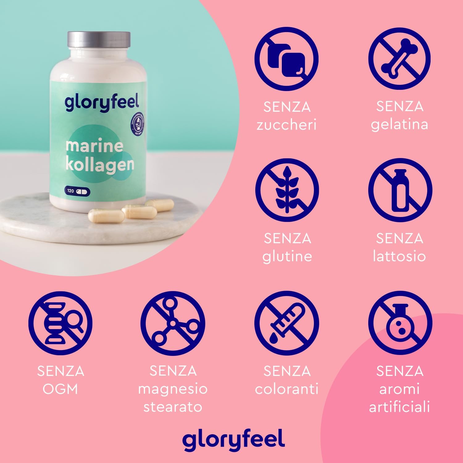 Thumbnail 2 de Collagene Marino Idrolizzato Tipo 1 - Gloryfeel, 1500 mg per dose, 120 capsule