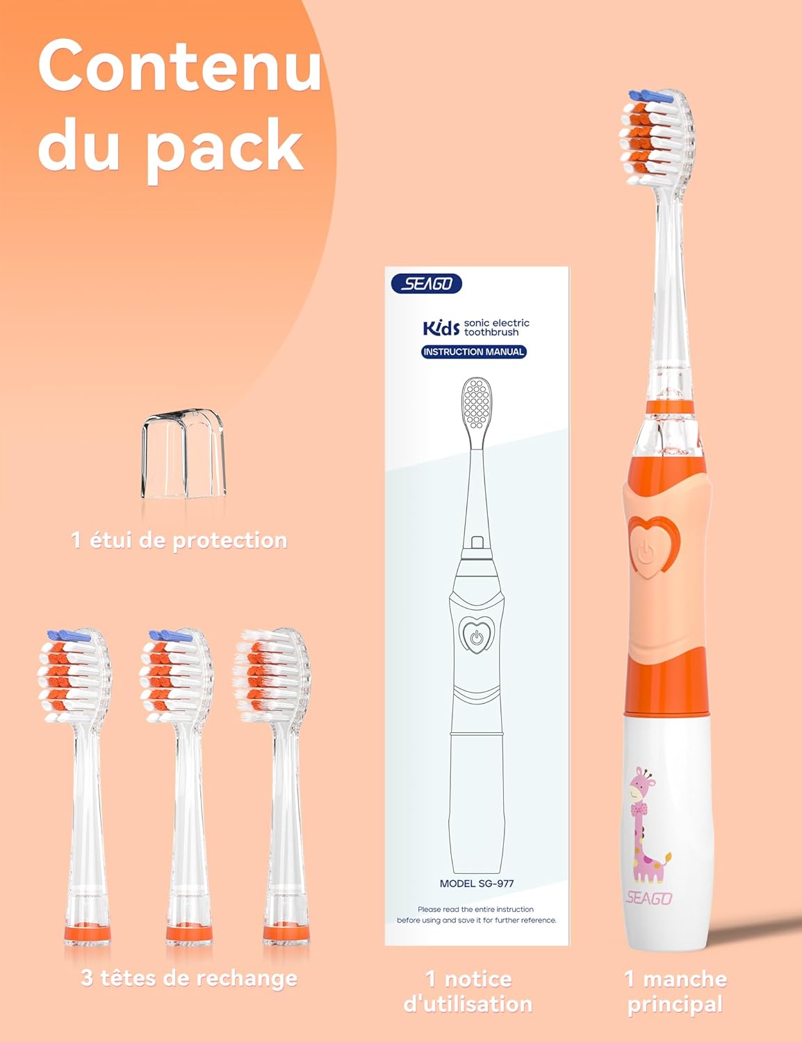 Thumbnail 6 de seago SG977 brosse à dents électrique enfant (3-12 ans) avec LED colorées, minuteur 2 min et 4 têtes de rechange