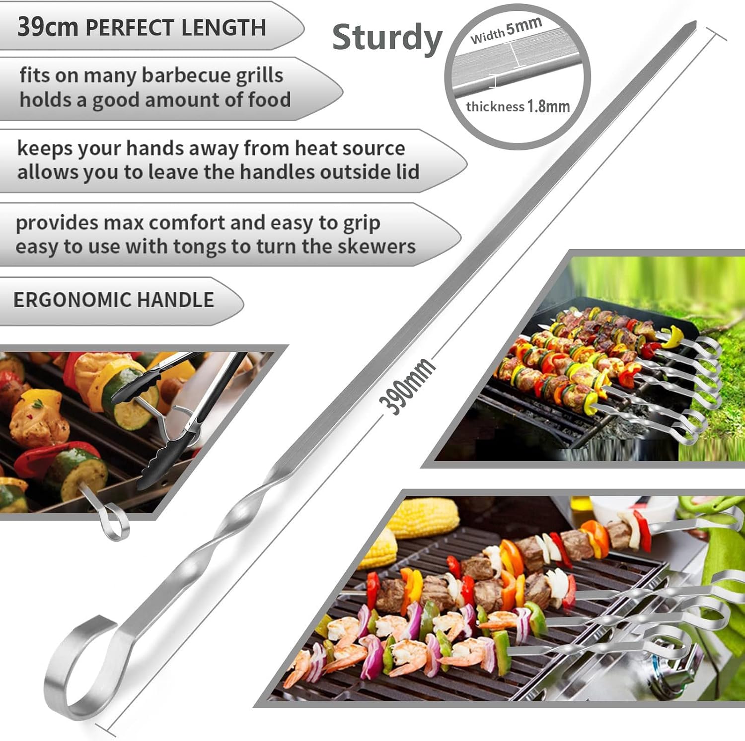 Detalle de LOVLEX BBQ39CM grillspiesen van roestvrij staal, 39 cm, platte vorm