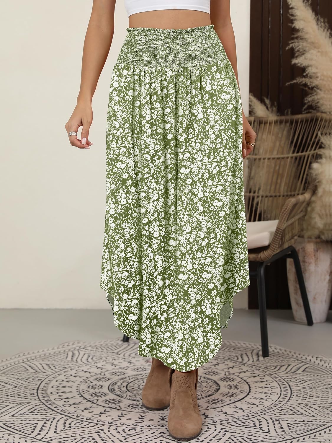 Detalle de ANRABESS Women's Maxi Skirt – Boho Floral, High-Waisted, Pockets, Summer Beach Dress