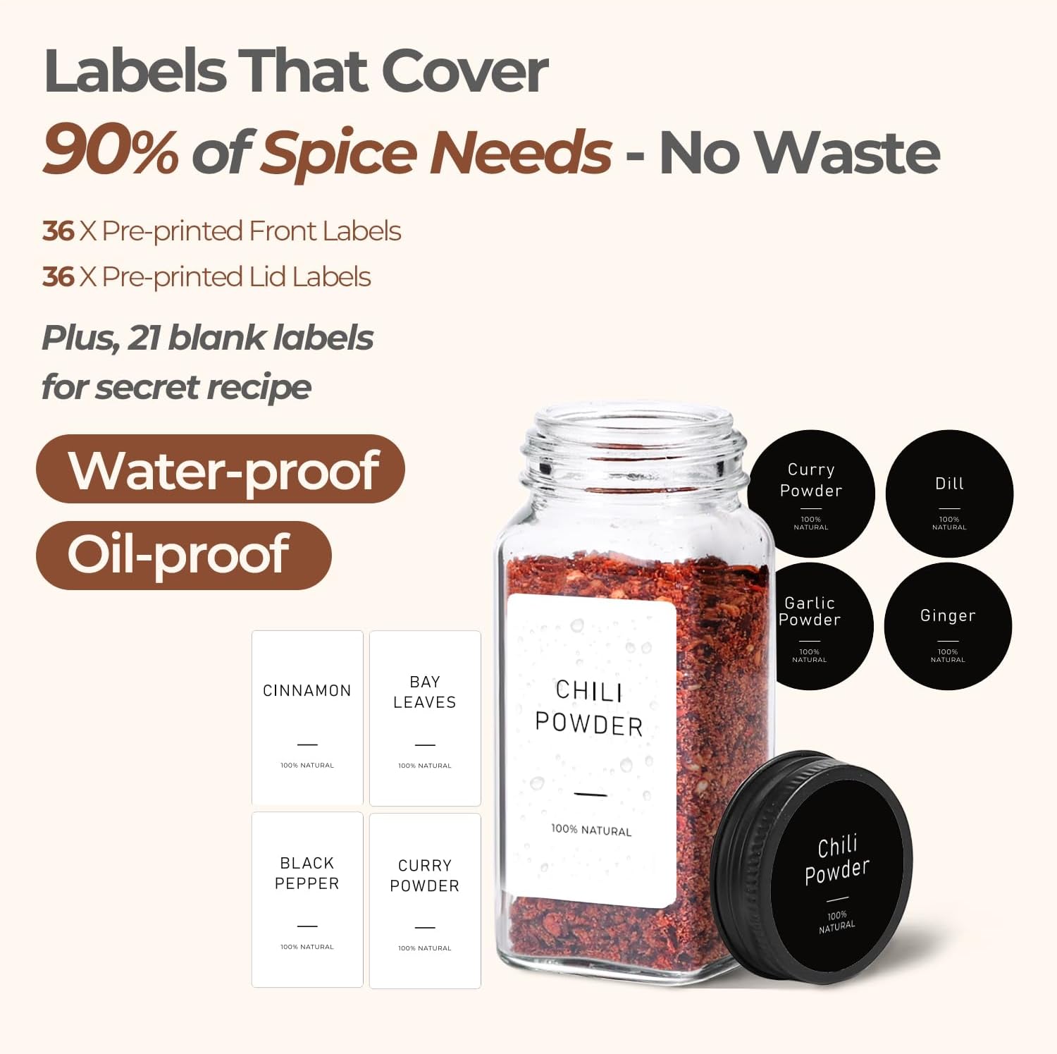 Detalle 2 de ComSaf Aesthetic Minimalist Glass Spice Jars with Labels — 24 Pcs, 4oz with 93 Labels and Extras