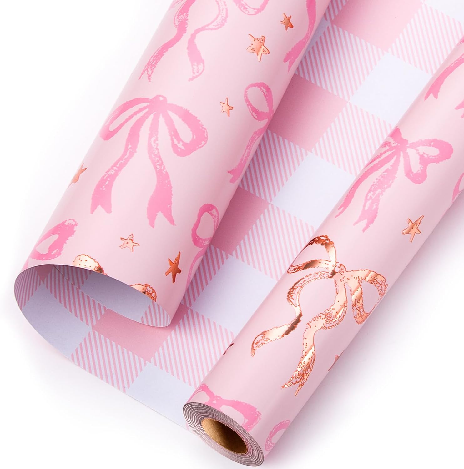 Detalle de MAYPLUSS Pink Bow Wrapping Paper Roll, 17 in x 16.5 ft