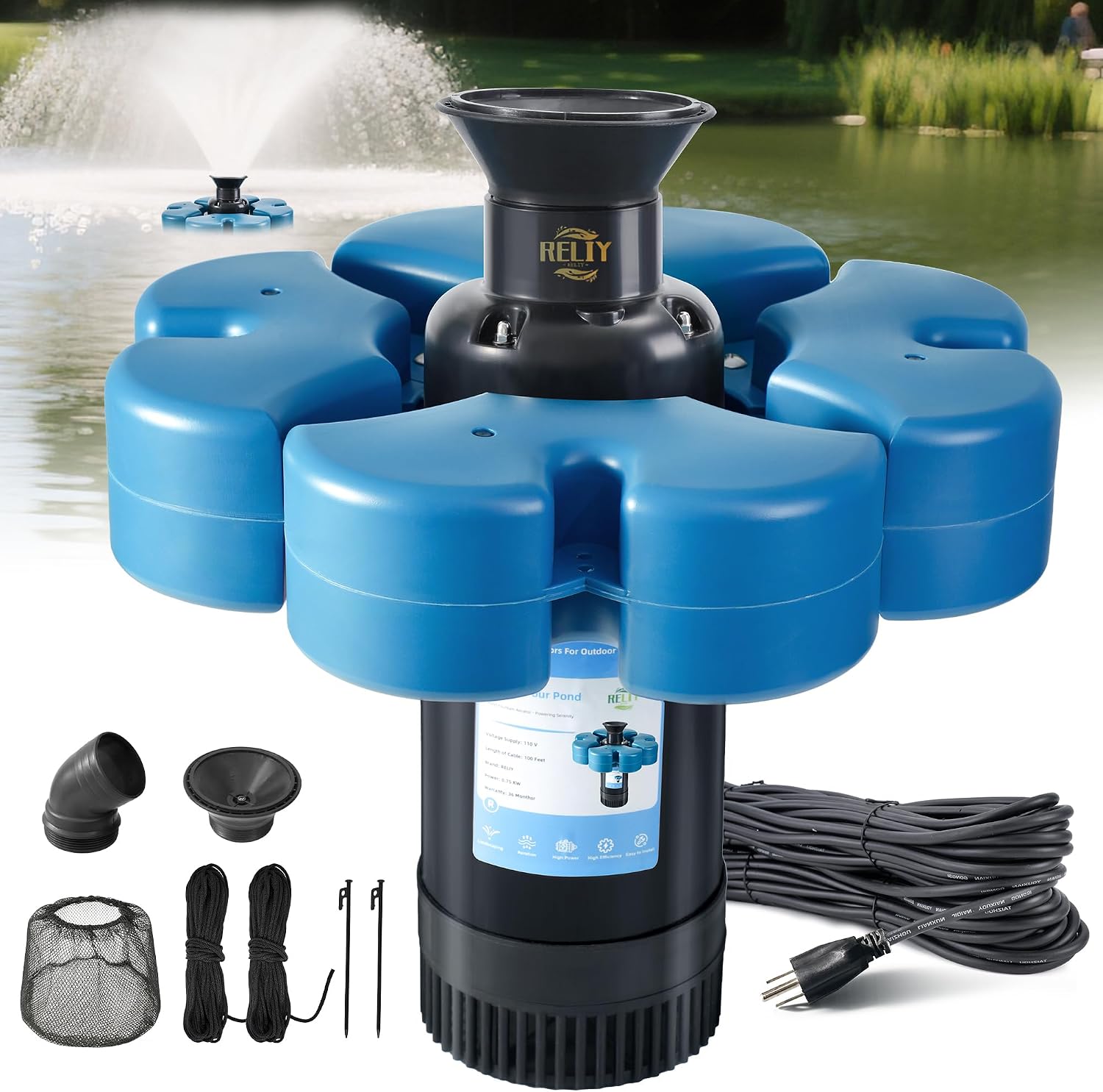 RELIY Pond Fountain Aerator, 1HP 110V, 15000 GPH: Large Pond/Lake Floating Fountain