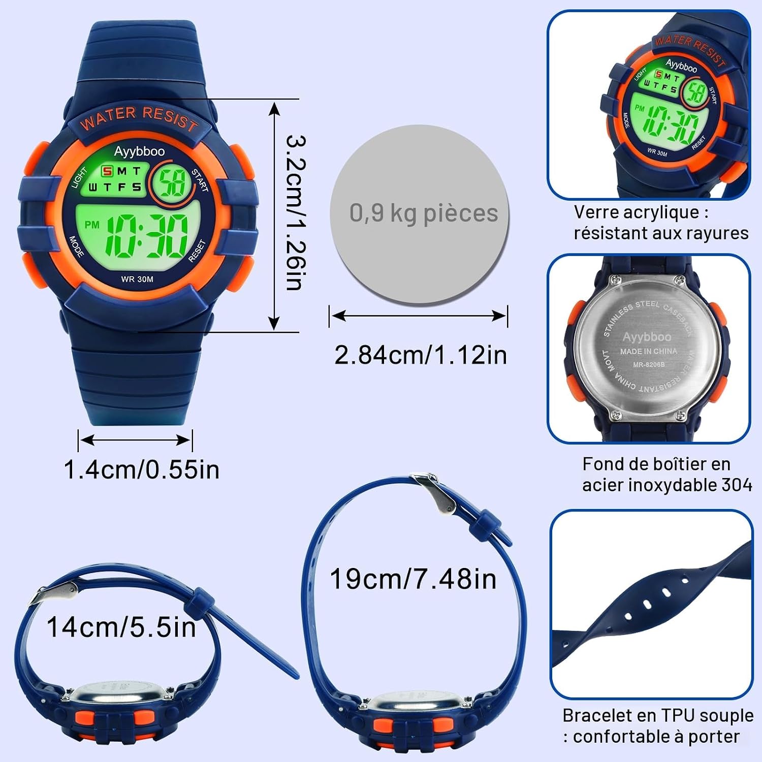 Detalle 2 de Ayybboo Montre Enfant Numérique – LED 7 couleurs, étanche 30m, alarm et chronomètre, cadeau idéal
