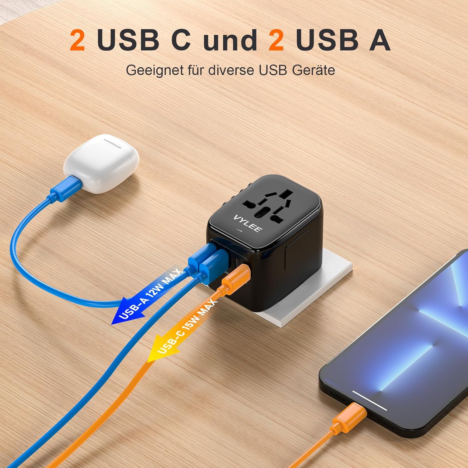 Detalle de VYLEE Reiseadapter Weltweit – 5-in-1 Universalstecker mit 2 USB-A und 2 USB-C