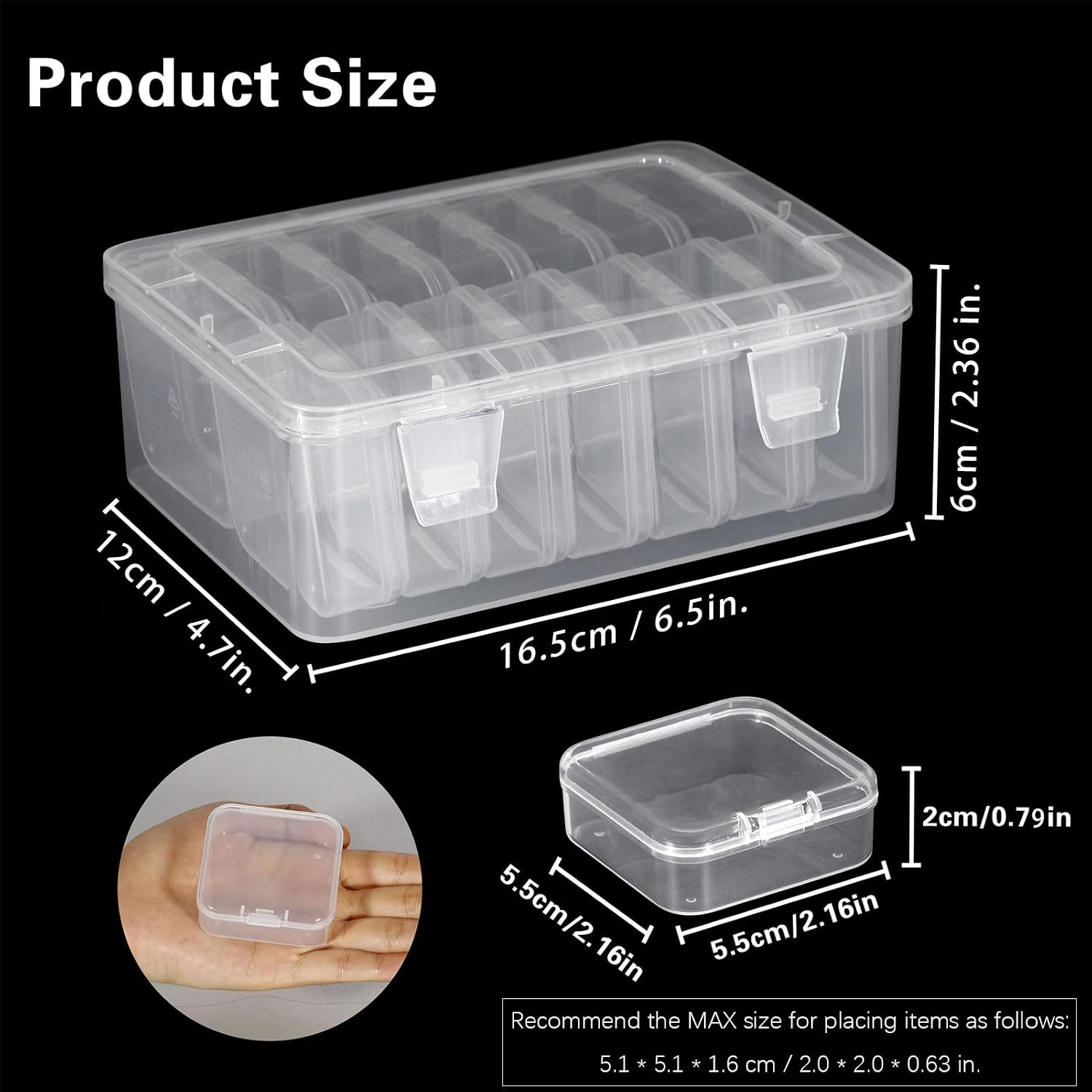 Detalle 2 de Mathtoxyz 14-Piece Bead Organizer Set, Clear Plastic Boxes with Hinged Lids