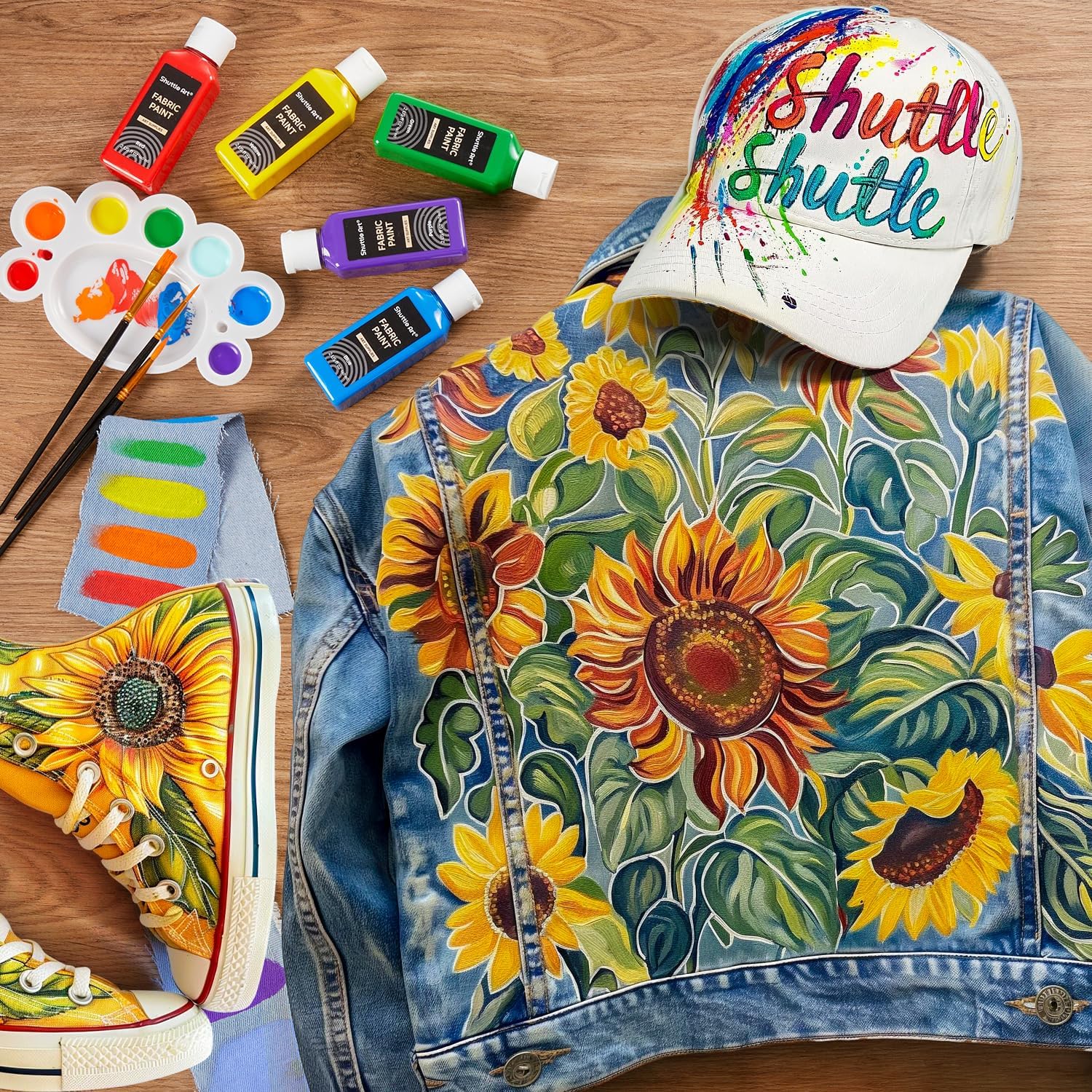 Thumbnail 4 de Shuttle Art Fabric Paint Permanent for Clothes – 18 Colour Set (60ml) with Brushes, Palette & Stencils